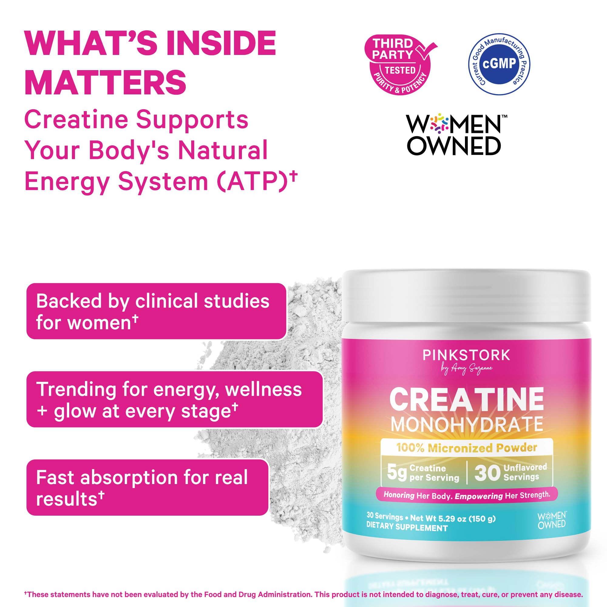 Pink Stork Creatine Monohydrate Powder scoop and powder