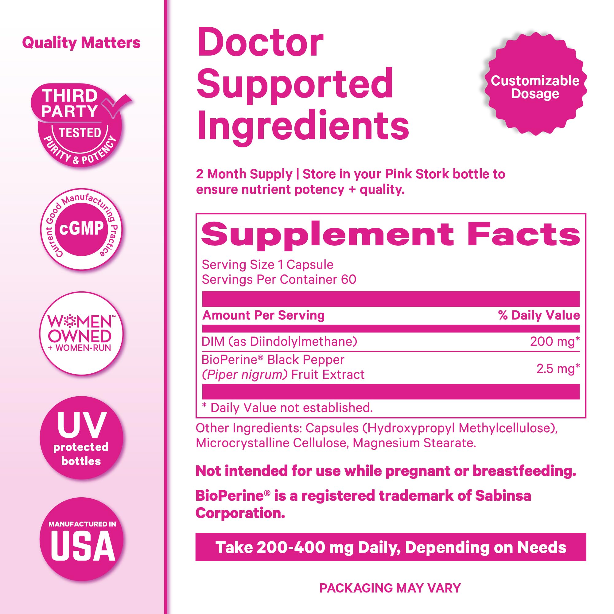 Pink Stork DIM Supplement 200mg 60 Capsules vegan label