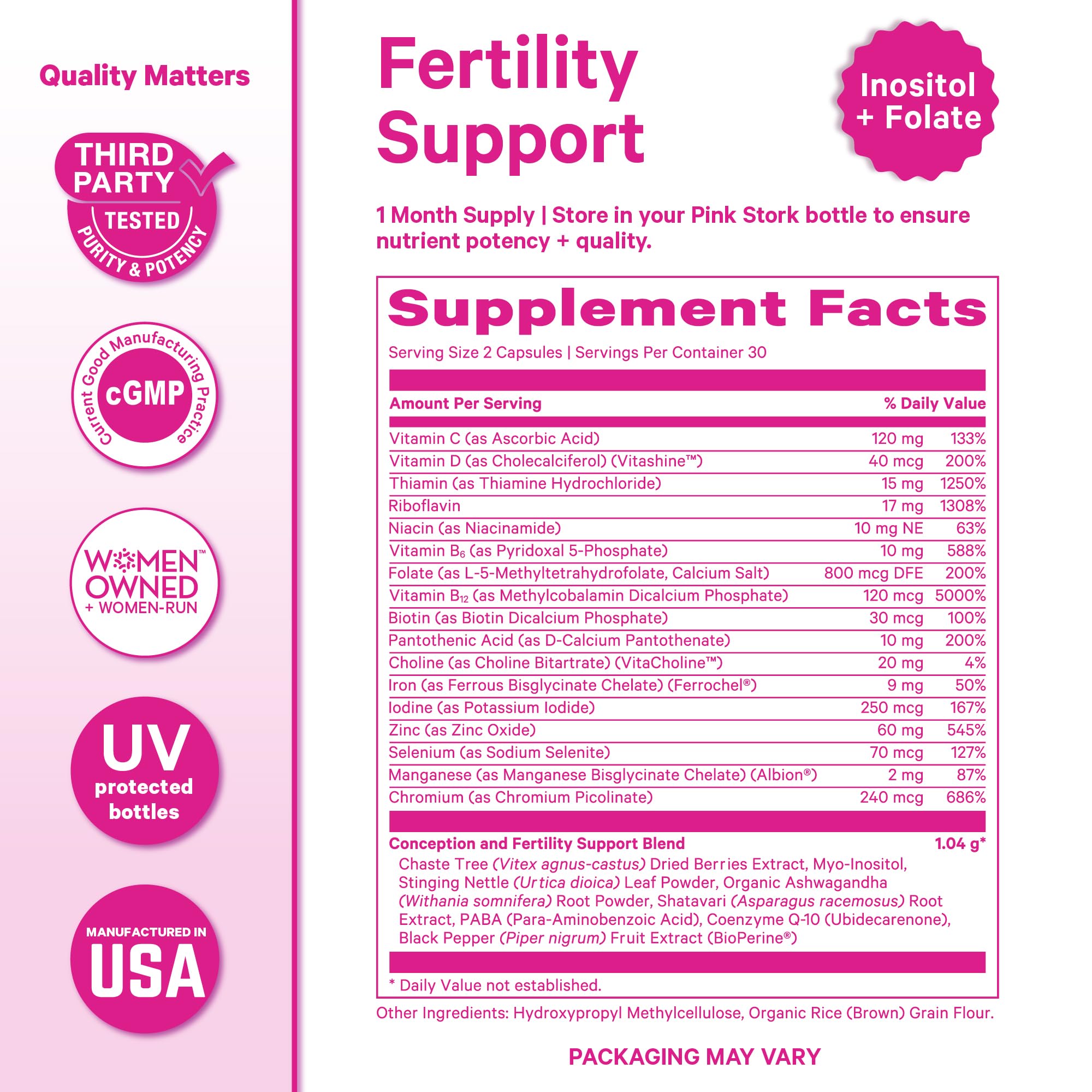 Pink Stork Fertility Support capsules in a hand