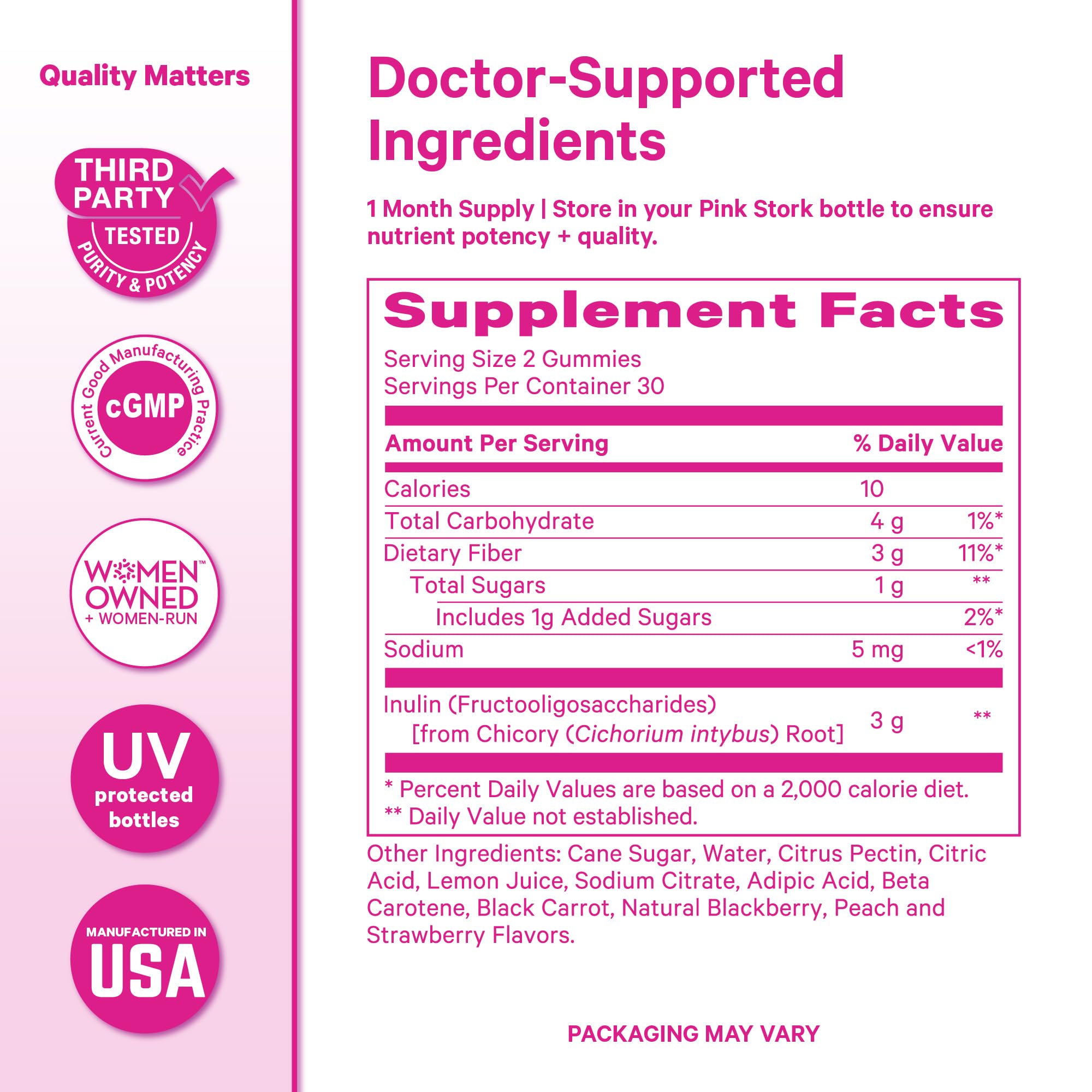 Pink Stork Fiber Gummies with a glass of water