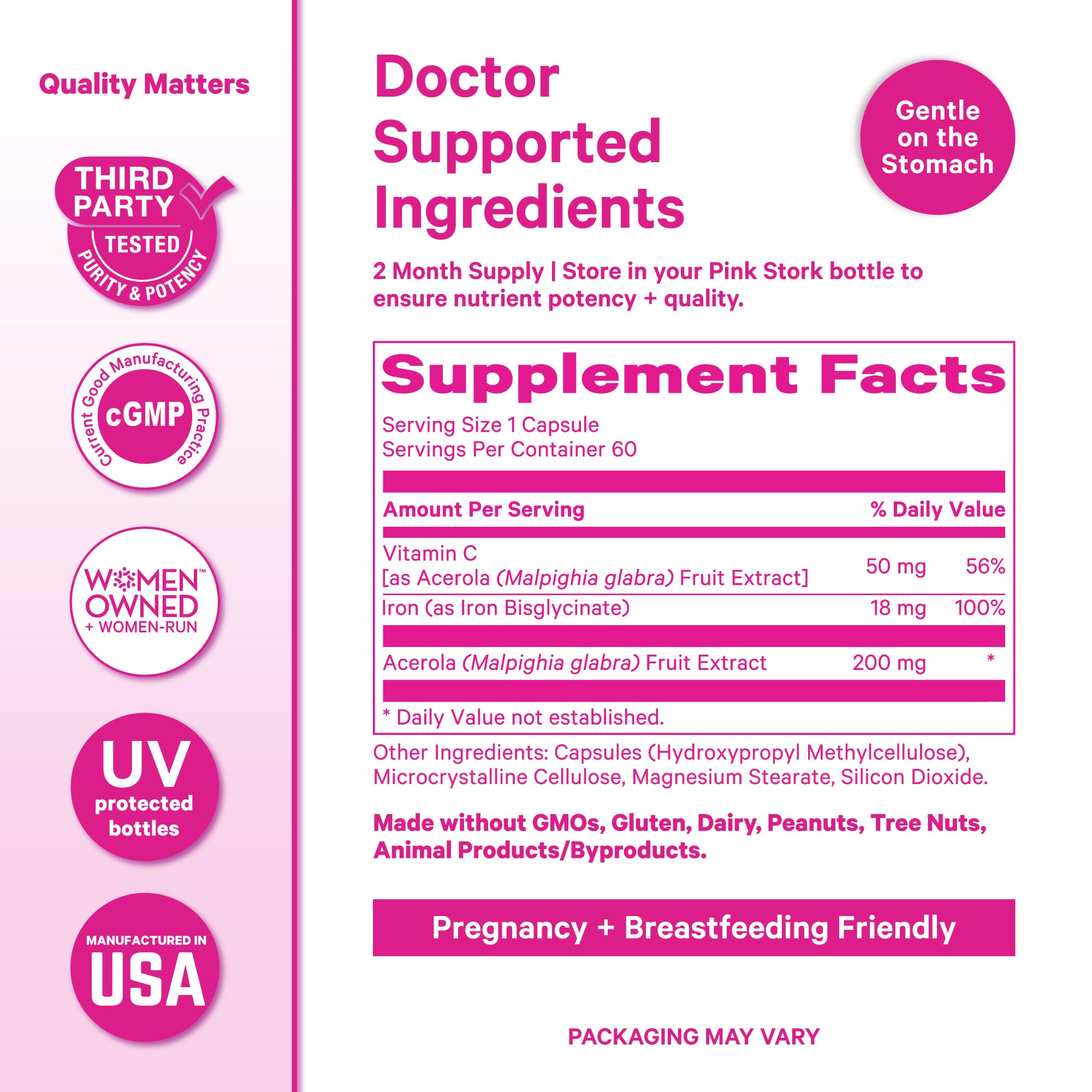 Pink Stork Iron Supplement capsules in a hand