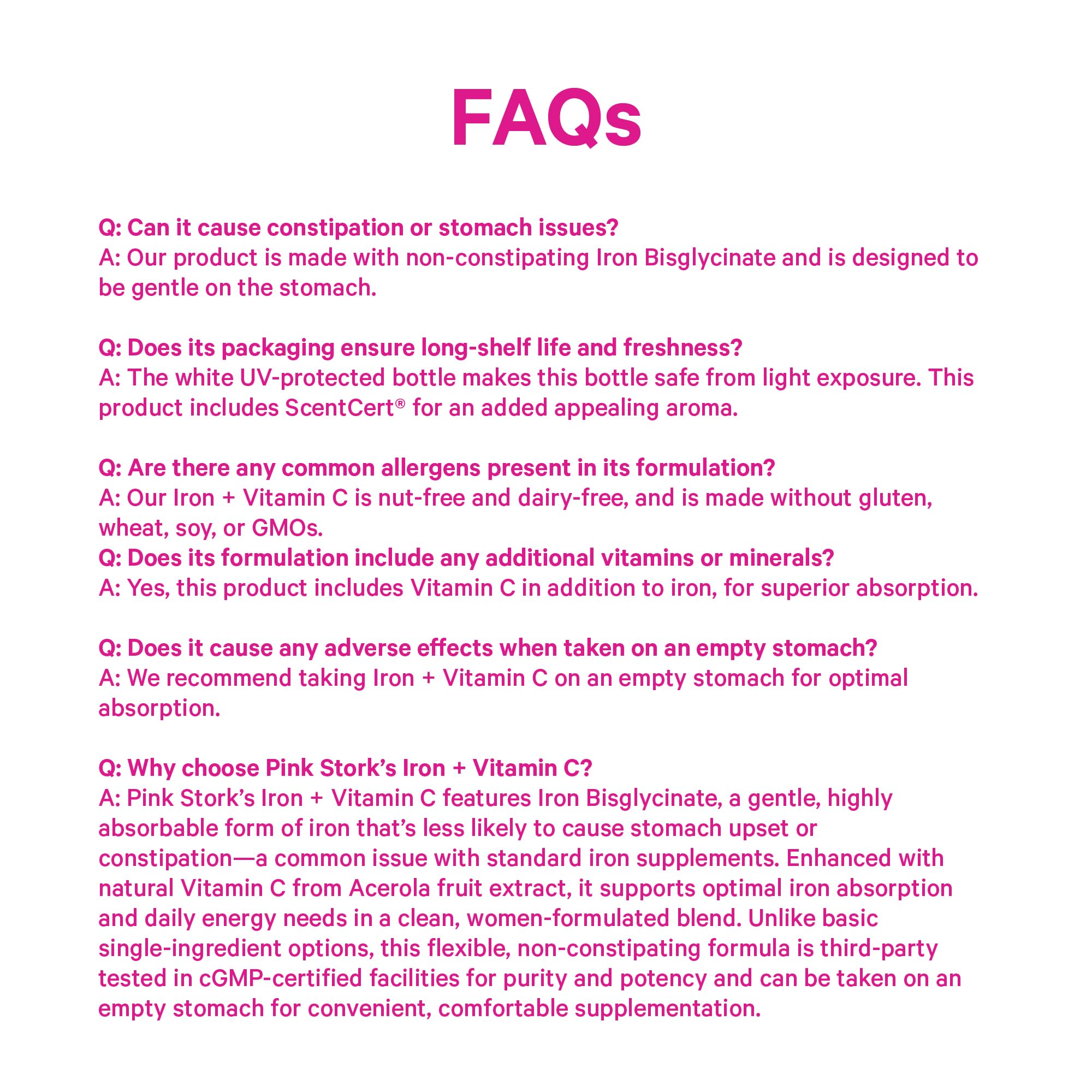 Pink Stork Iron Supplement ingredients list on packaging