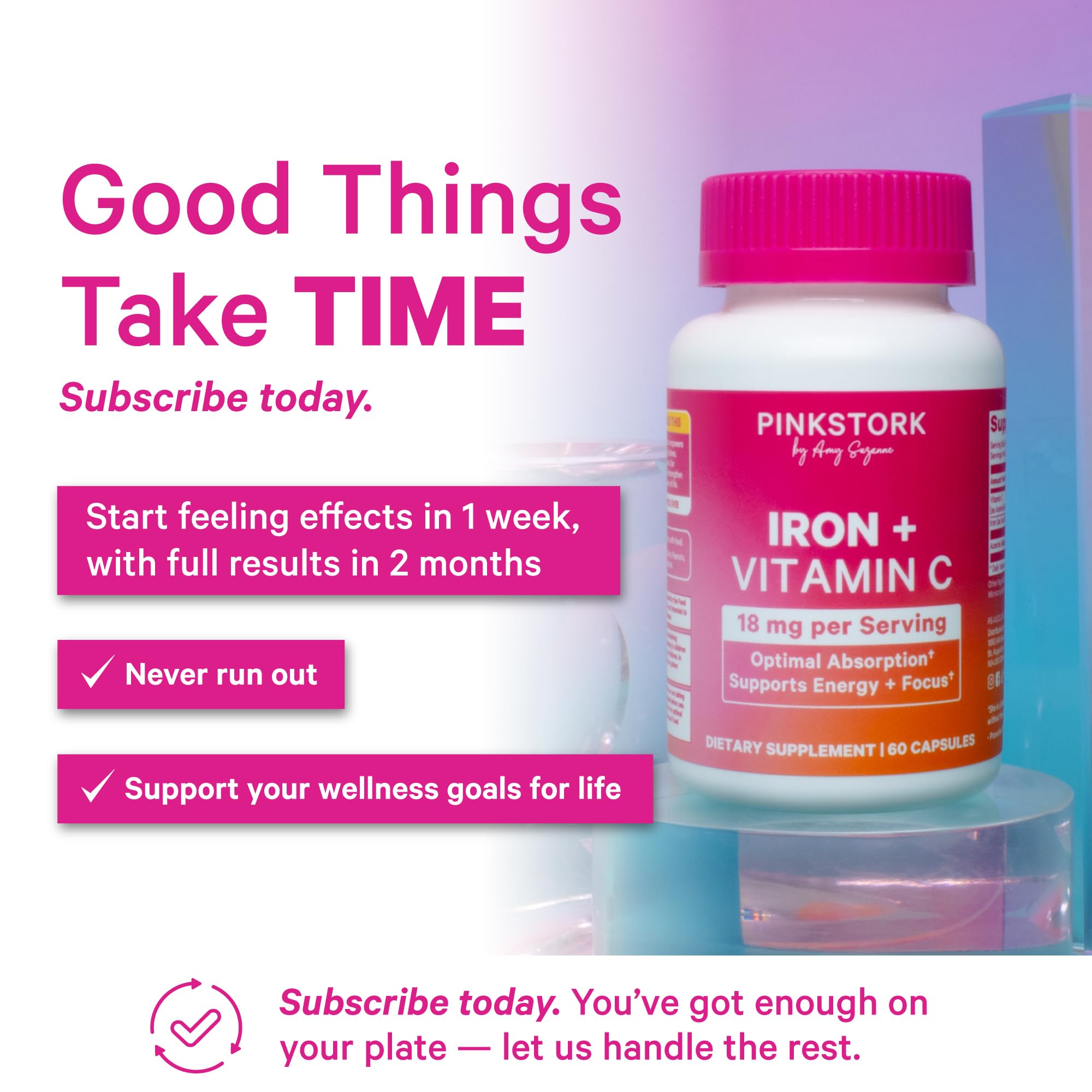 Pink Stork Iron Supplement on a wooden table