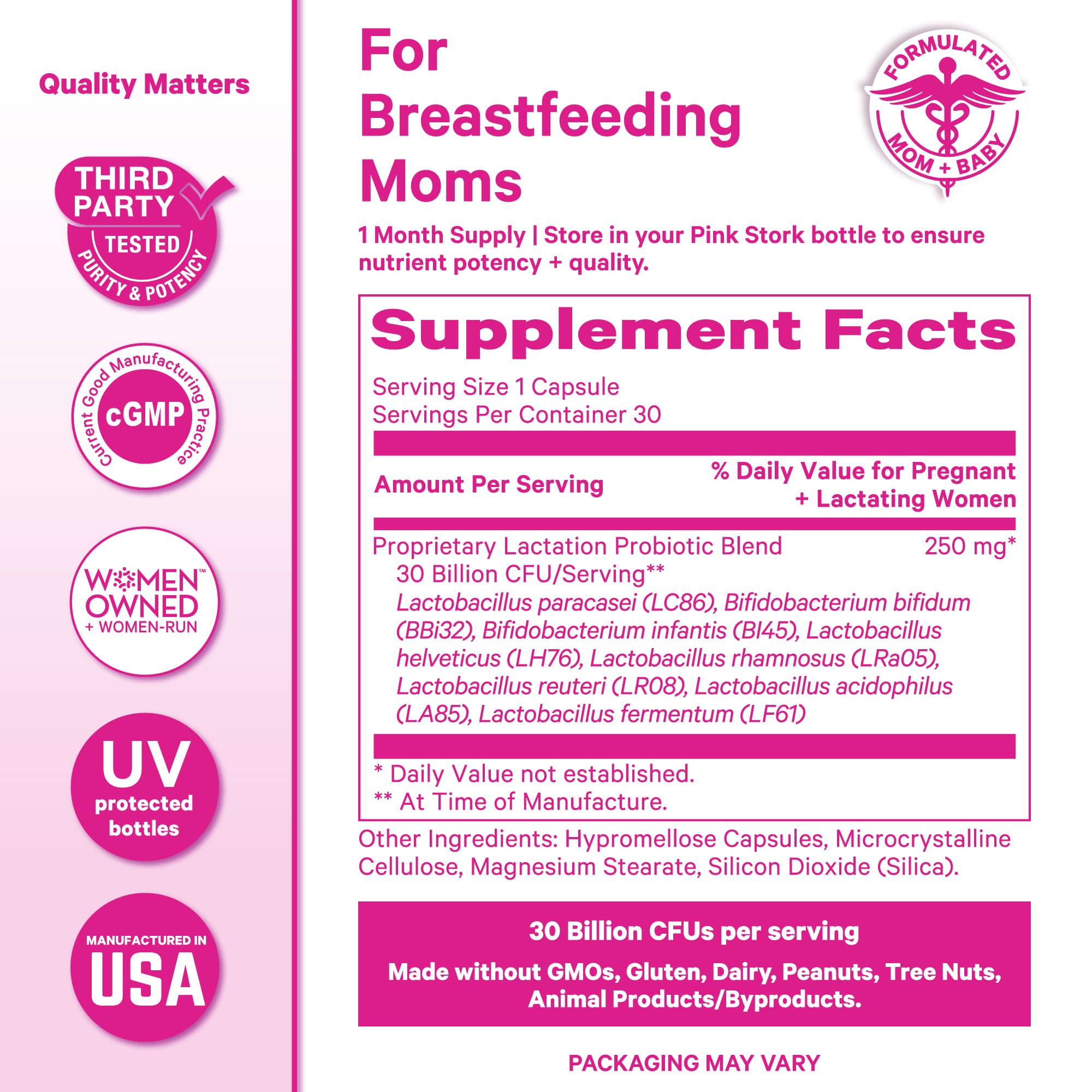 Pink Stork Lactation Probiotic bottle with a measuring spoon