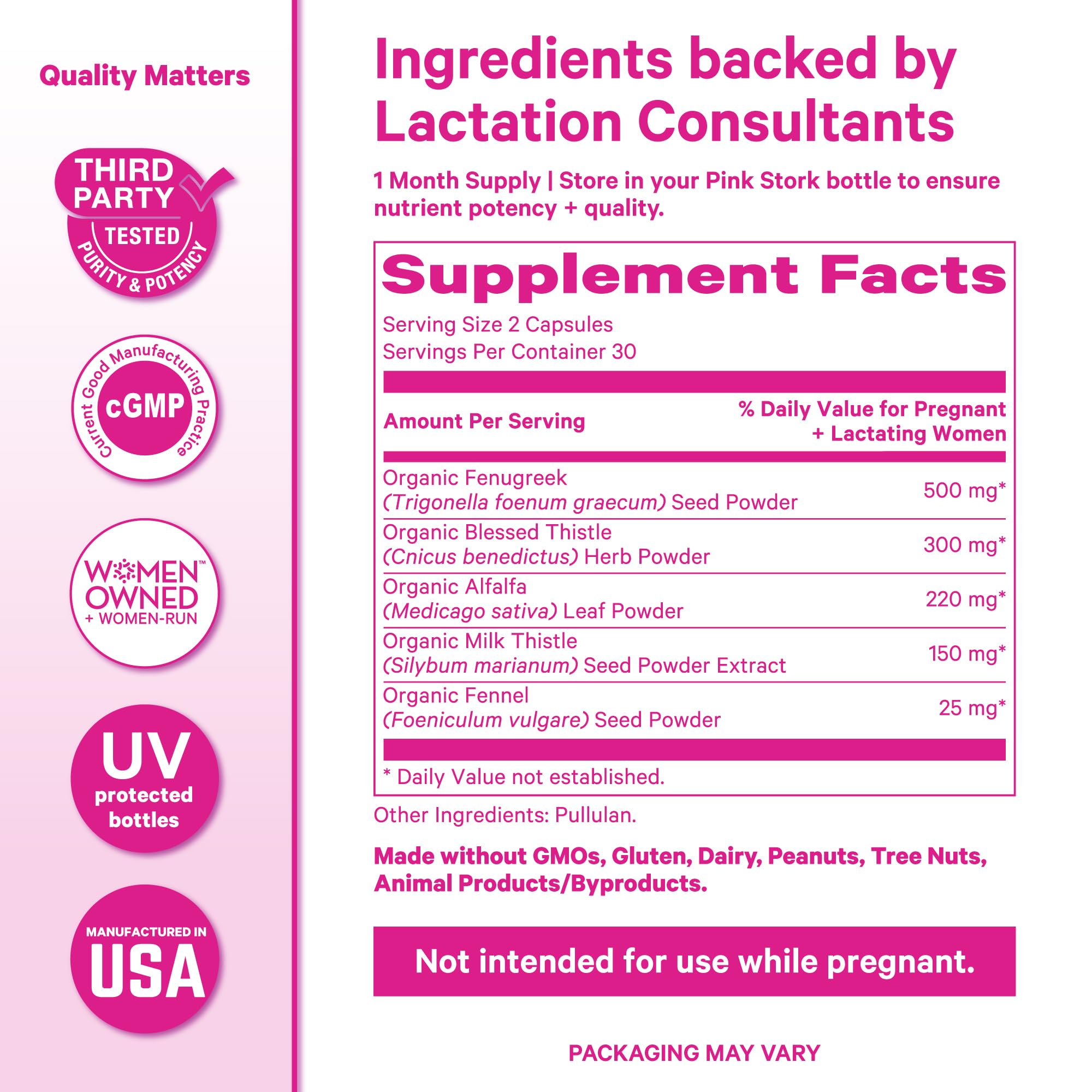 Pink Stork Lactation Support Supplement bottle with a measuring spoon