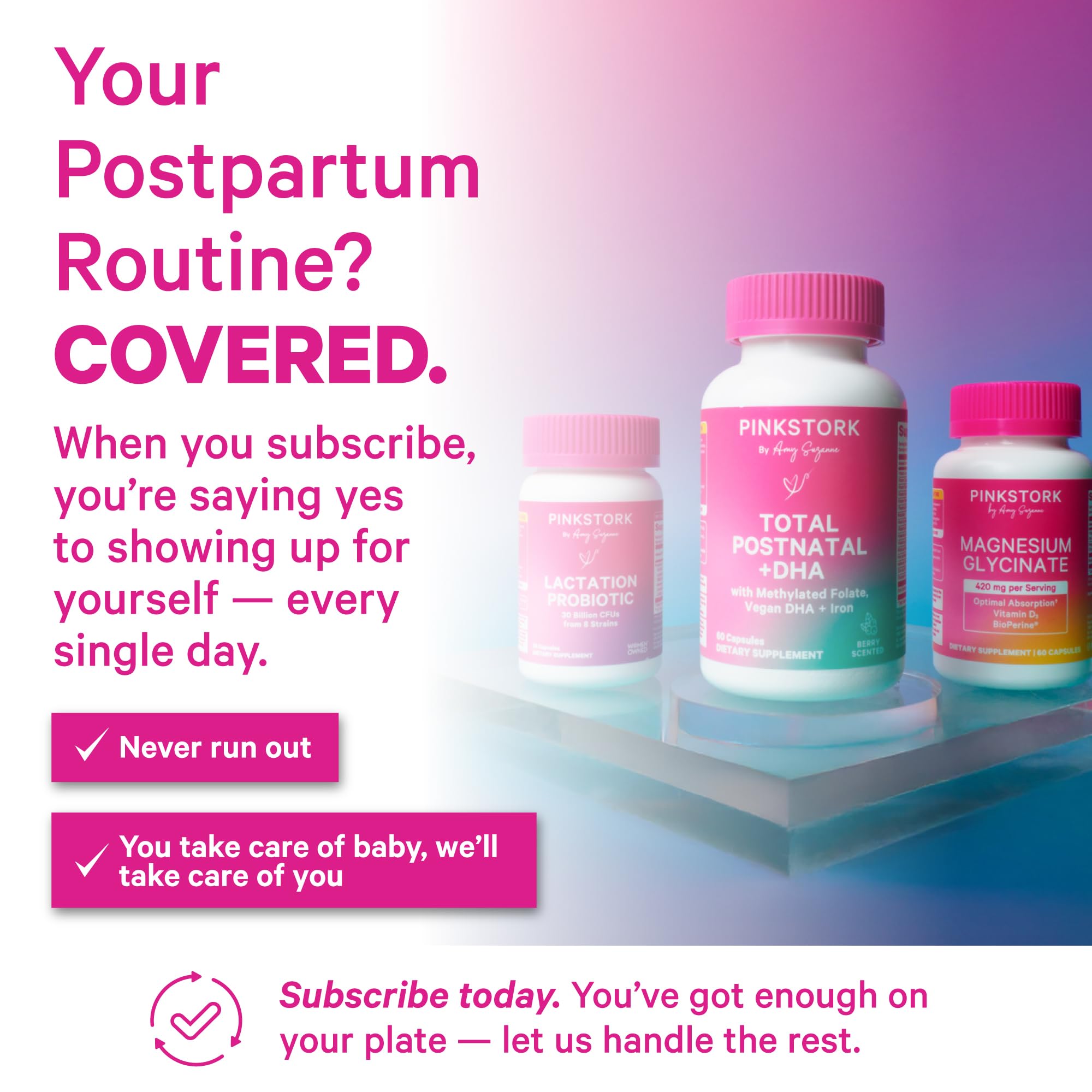 Pink Stork Lactation Support Supplement capsules in a hand