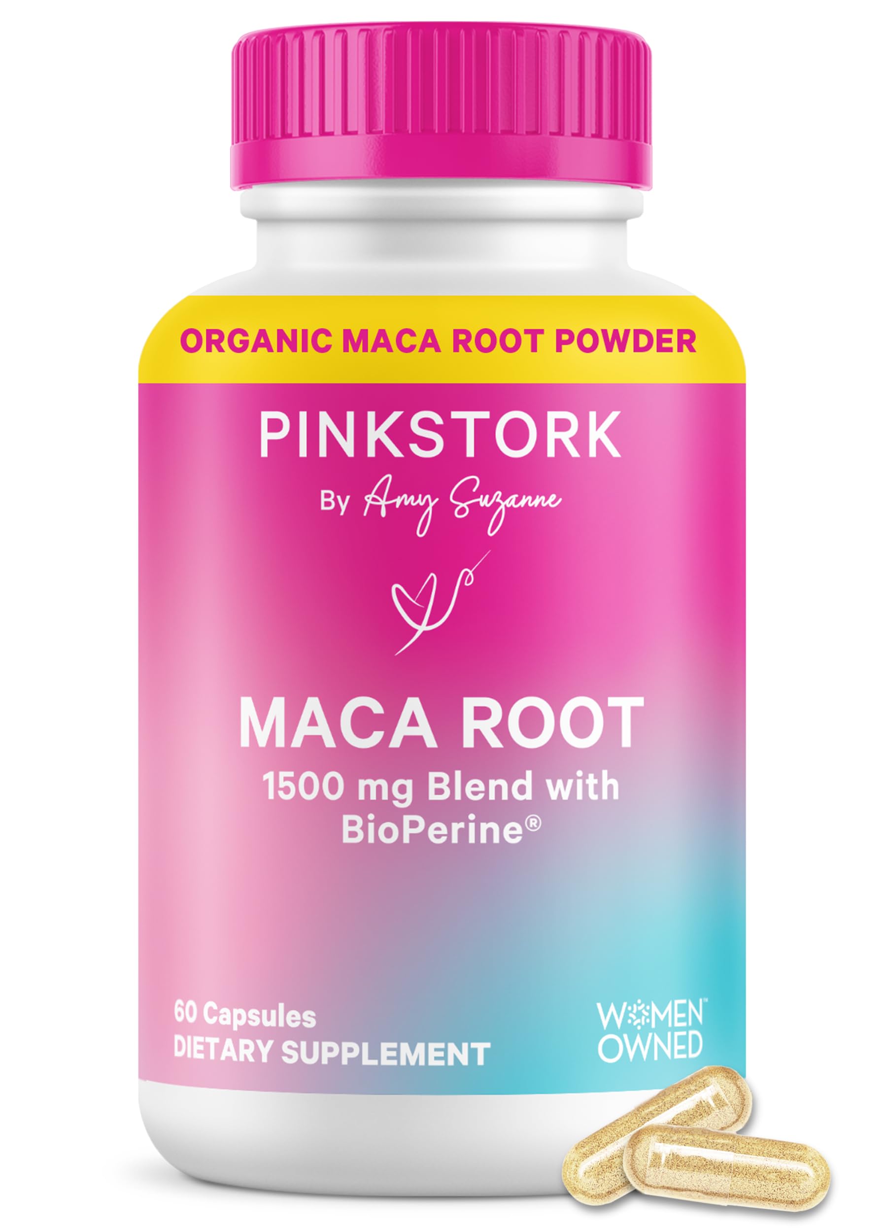 Pink Stork Maca Root Capsules front view with packaging