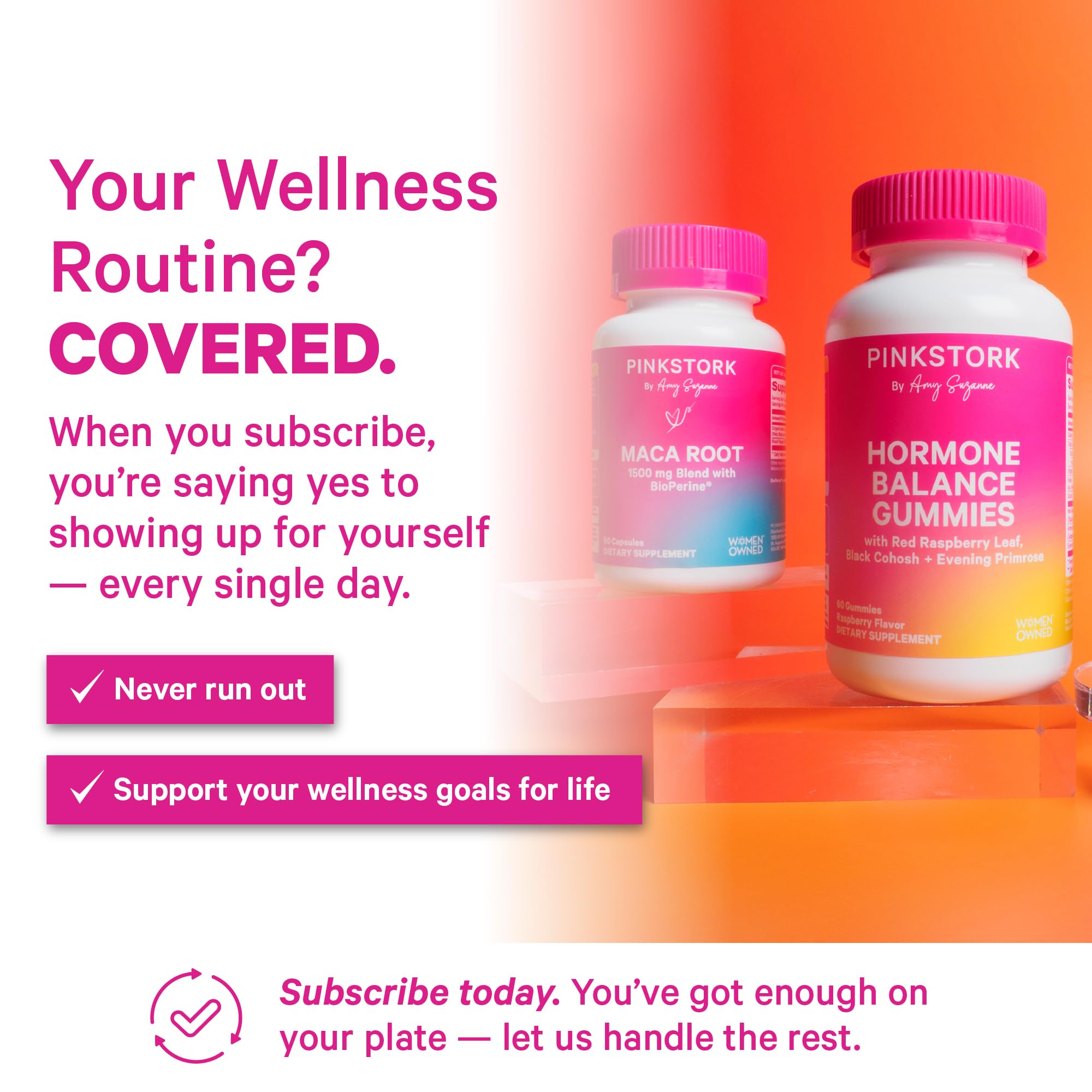 Pink Stork Maca Root Capsules on a wooden table