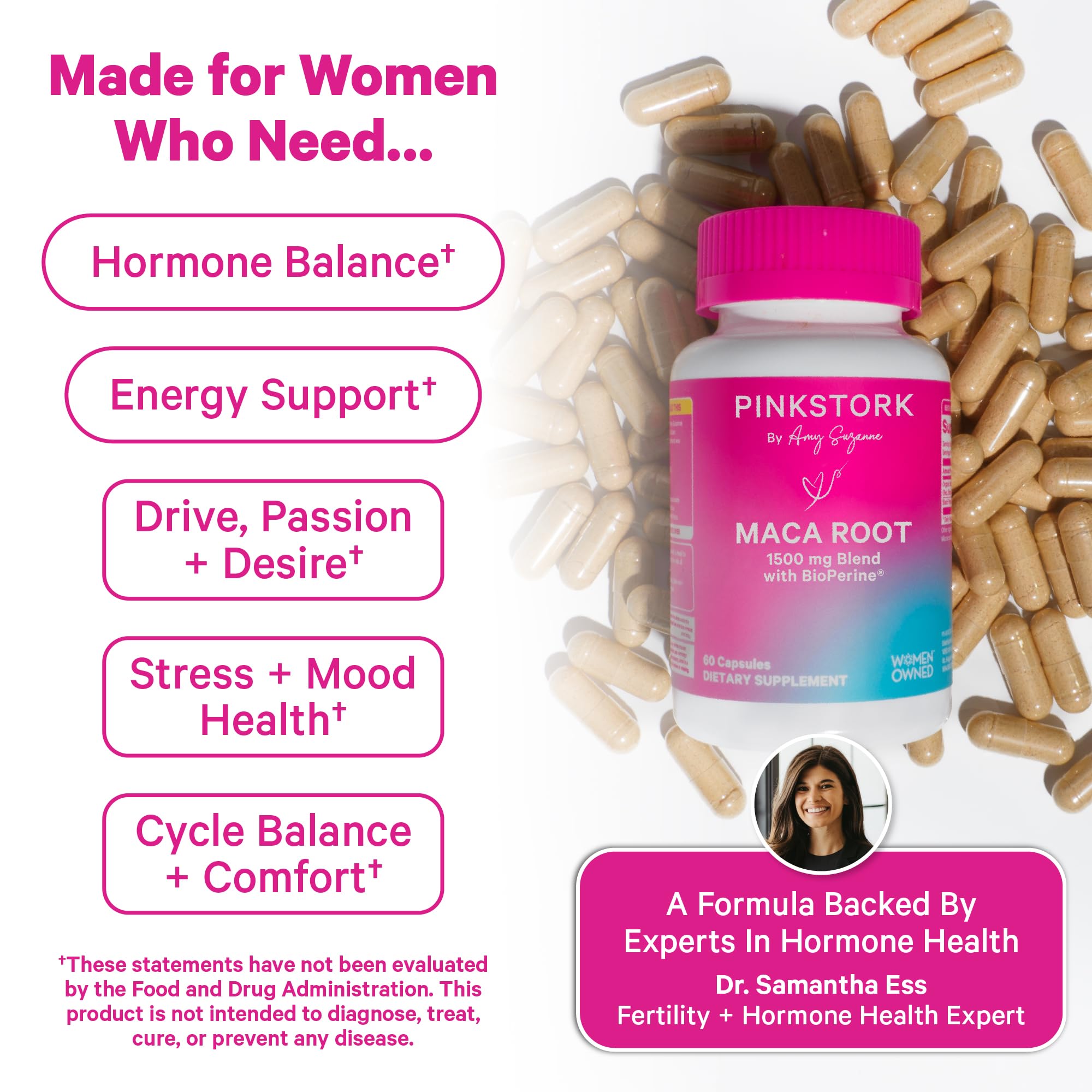 Pink Stork Maca Root Capsules opened bottle with capsules