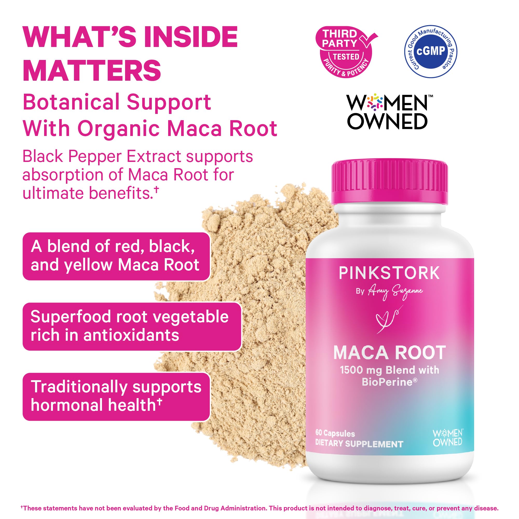Pink Stork Maca Root Capsules side view showing label