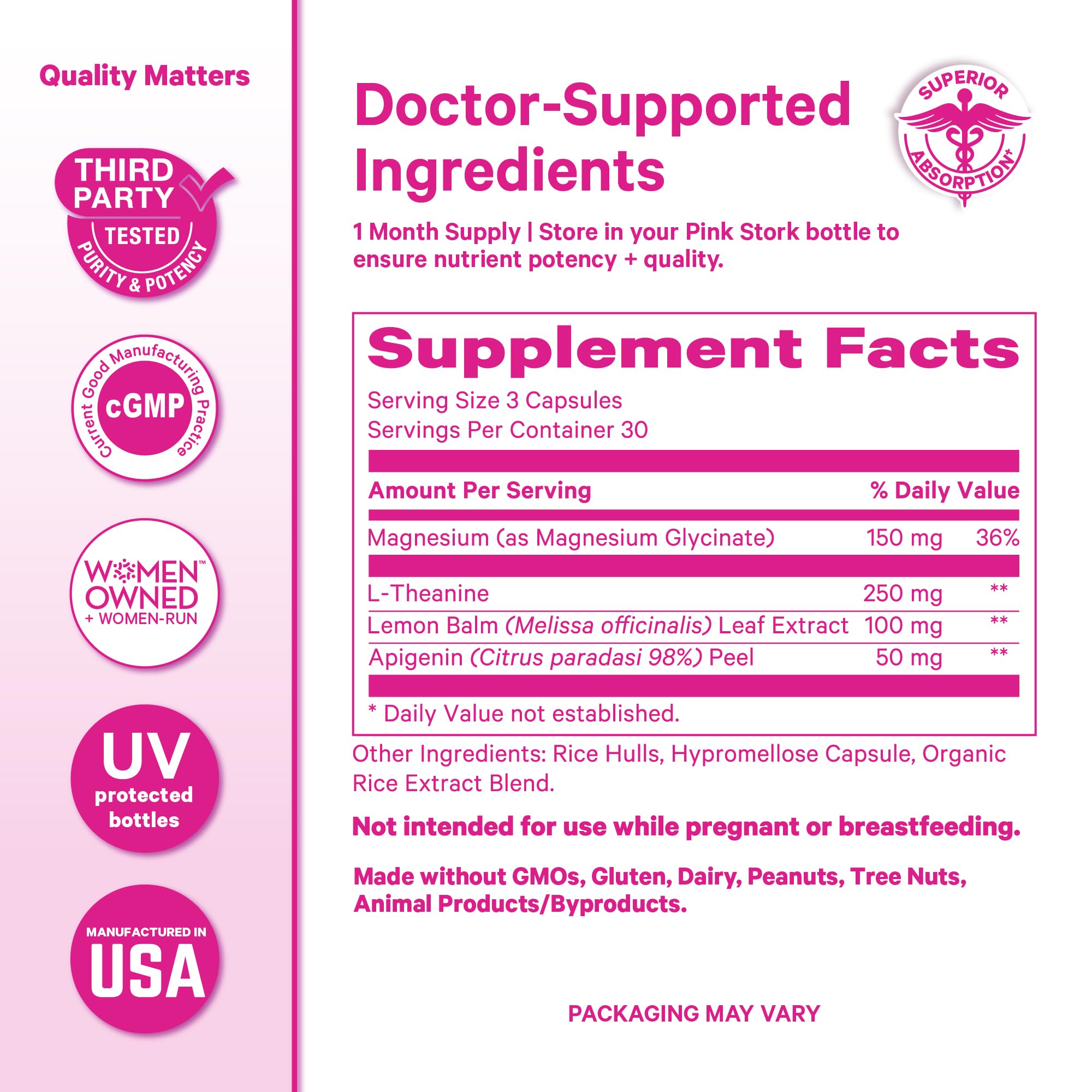 Pink Stork Magnesium Glycinate 90 Capsules with a glass of water