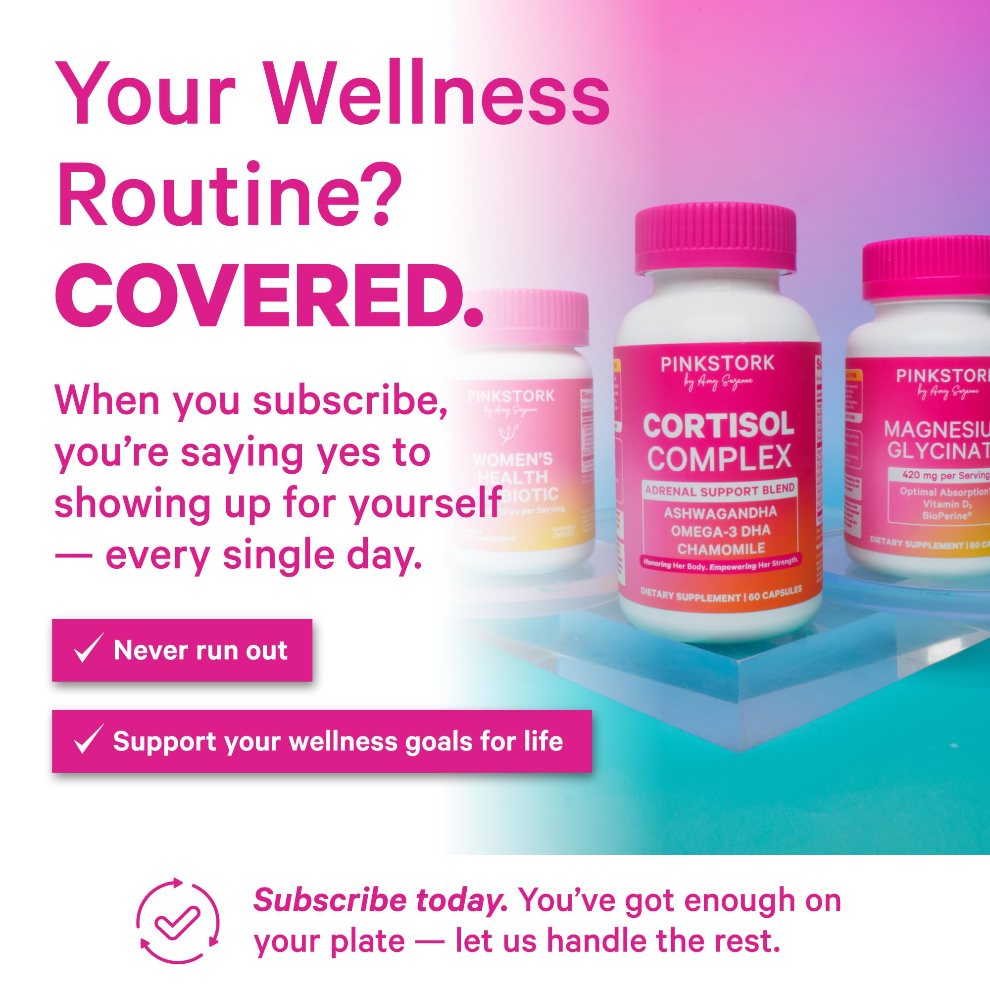 Pink Stork Magnesium Glycinate Capsules on a wooden table