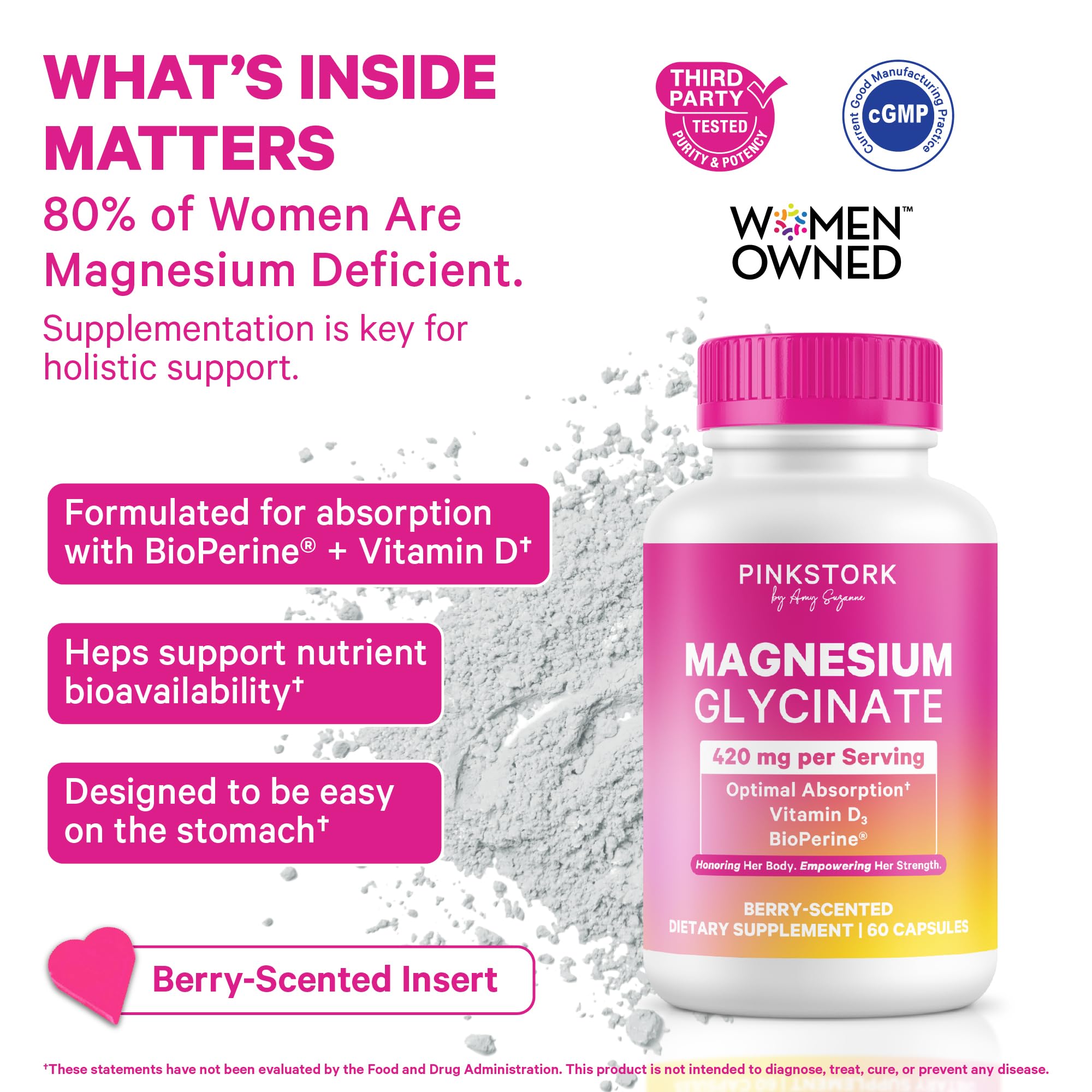 Pink Stork Magnesium Glycinate Capsules with Vitamin D3 side view