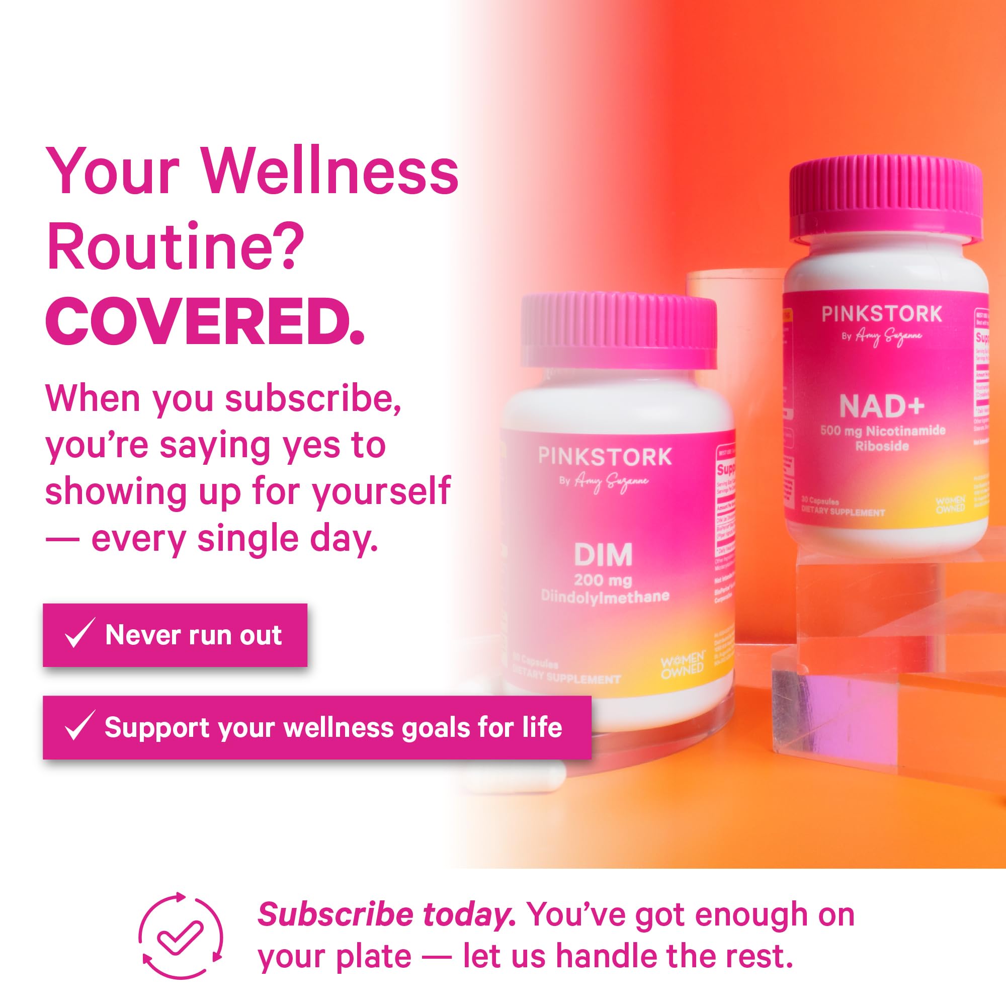 Pink Stork NAD+ Supplement capsules on a wooden surface