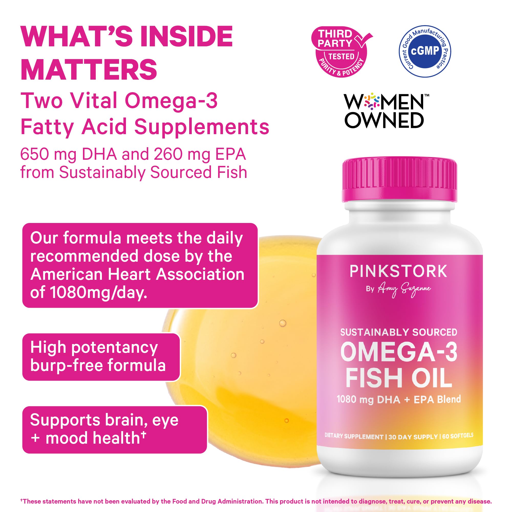 Pink Stork Omega 3 Fish Oil softgels in berry-scented packaging