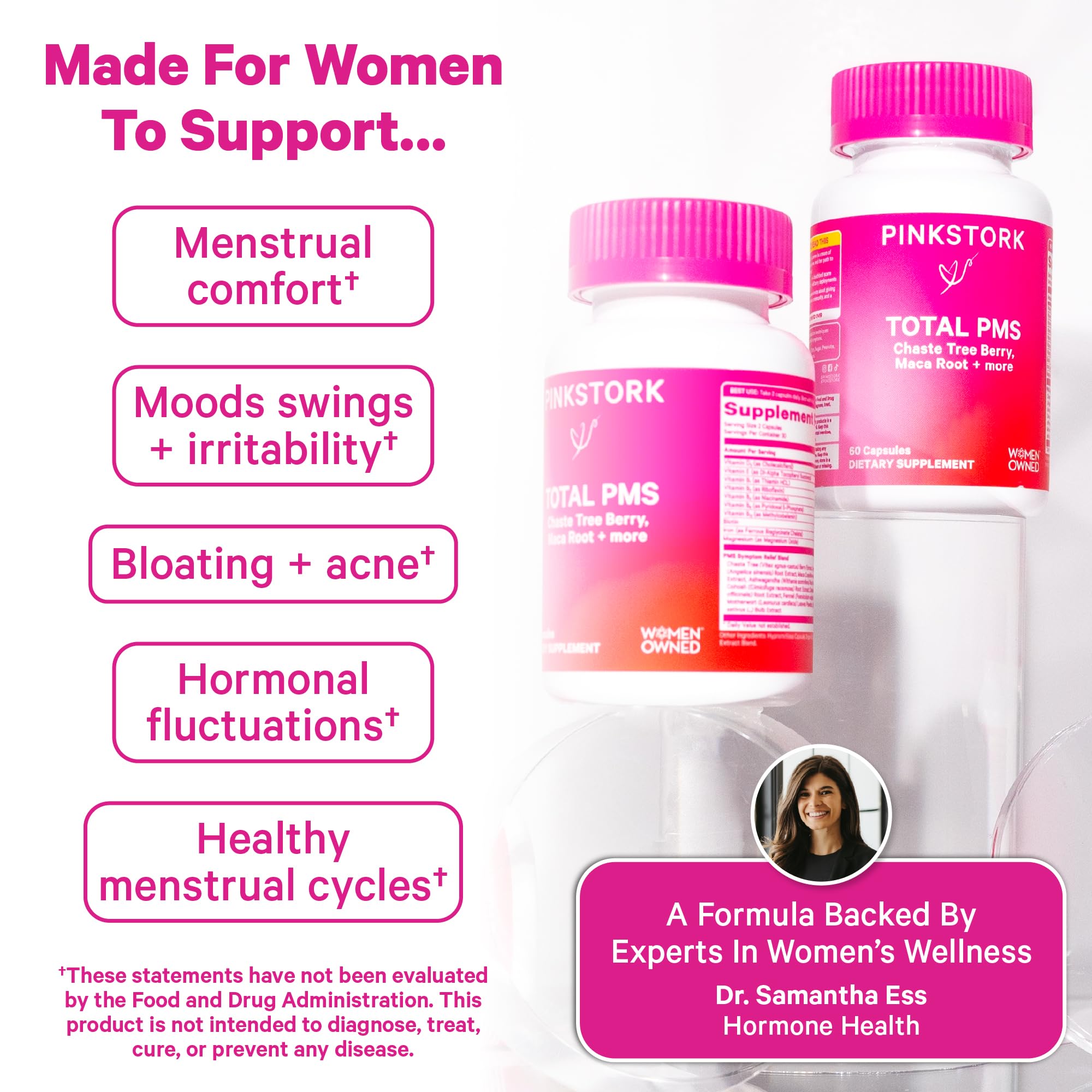 Pink Stork PMS Support Capsules with a measuring spoon