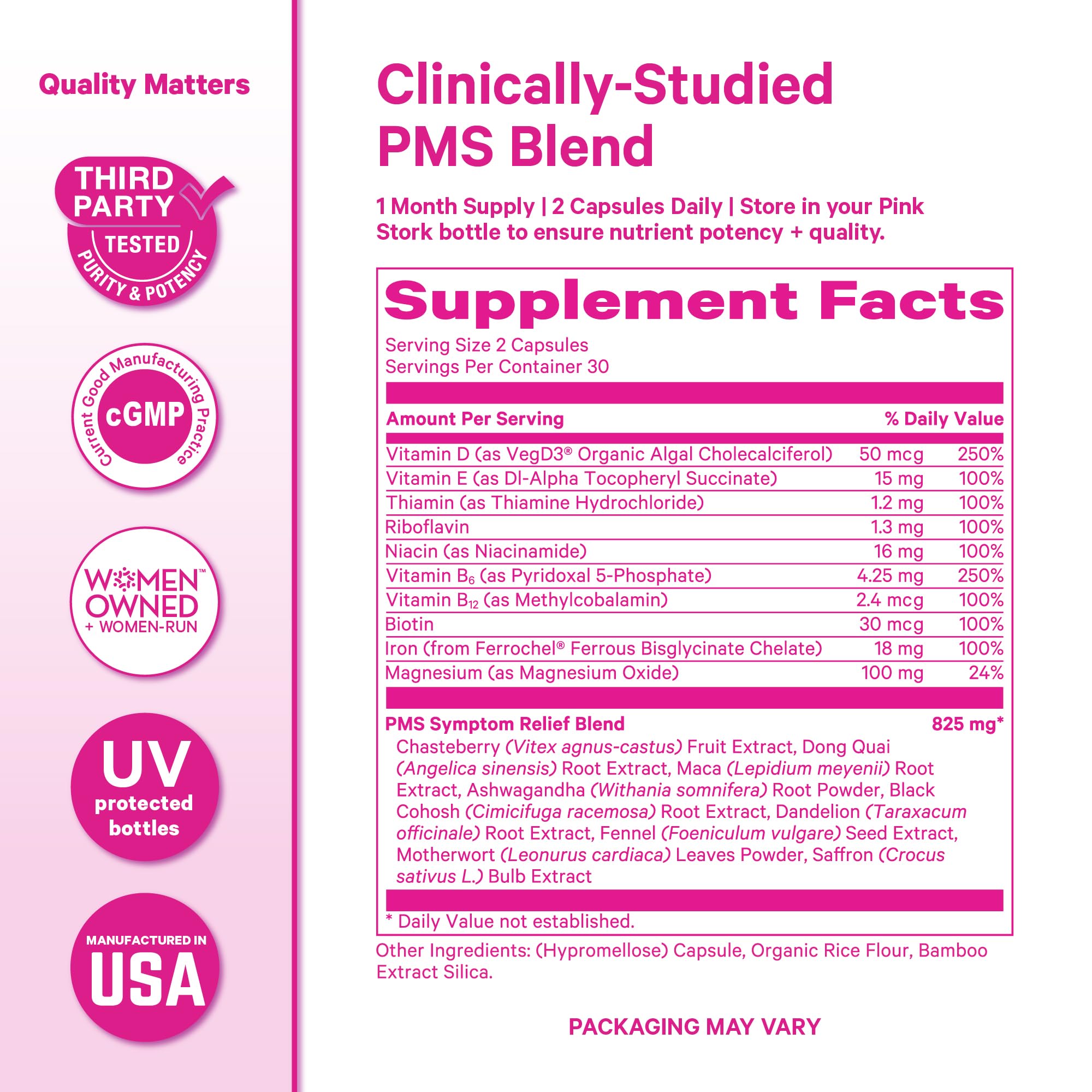 Pink Stork PMS Support Capsules with herbal ingredients