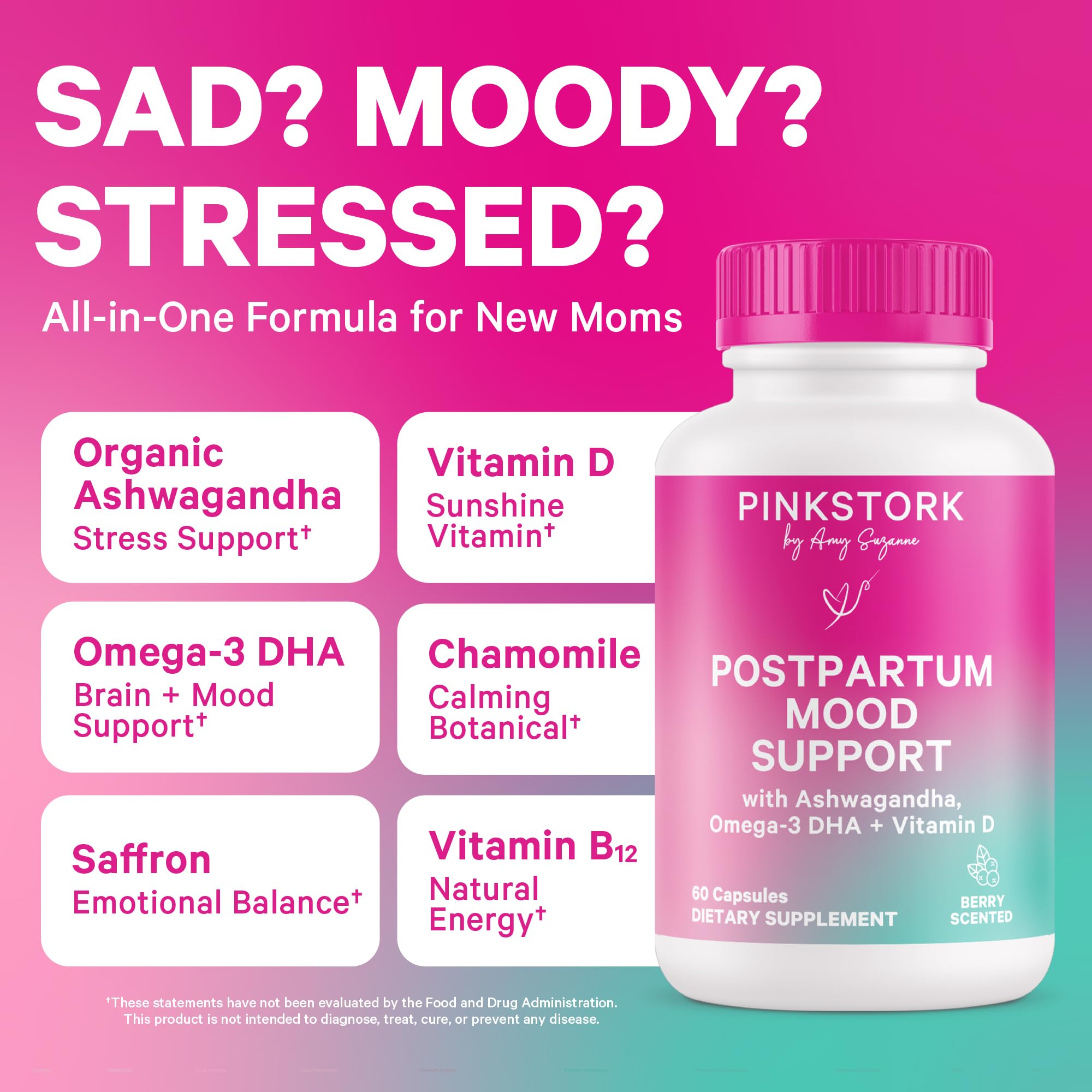 Pink Stork Postpartum Mood Support bottle with berry-scented tab