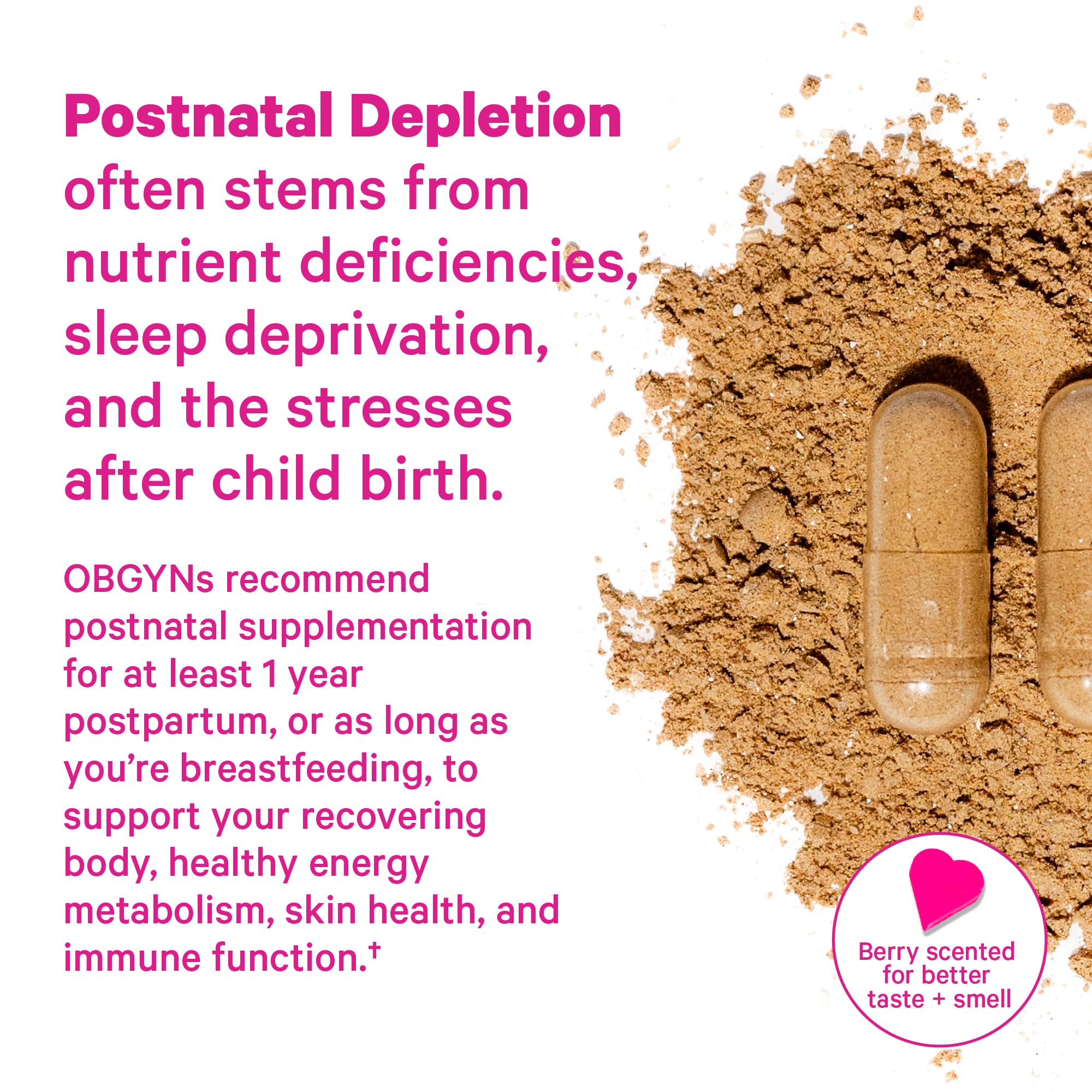 Pink Stork Postpartum Mood Support capsules on a wooden table