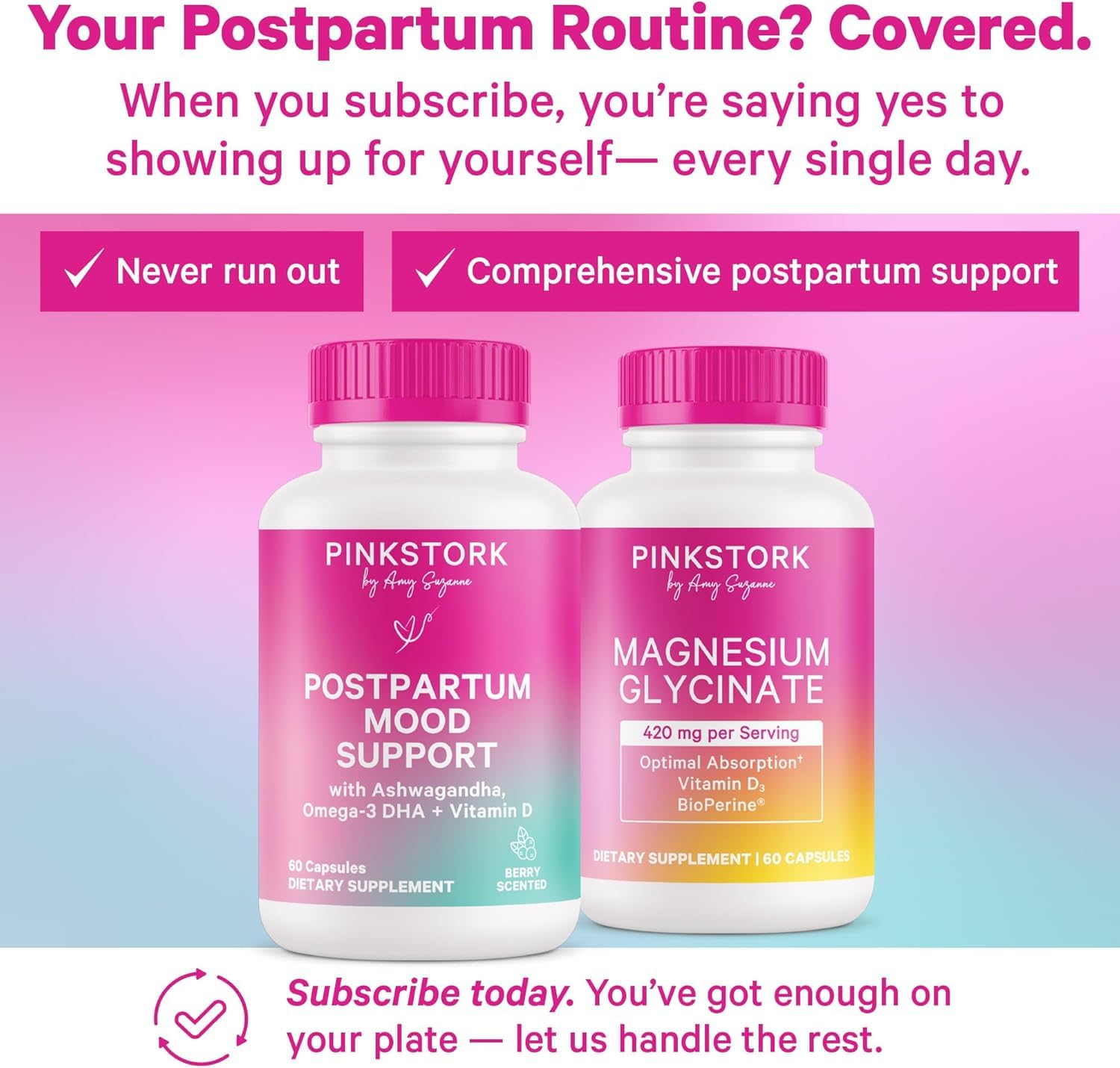 Pink Stork Postpartum Mood Support capsules with a soft-focus background