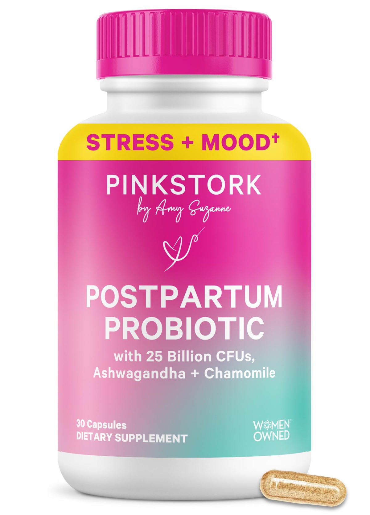 Pink Stork Postpartum Probiotics bottle front view