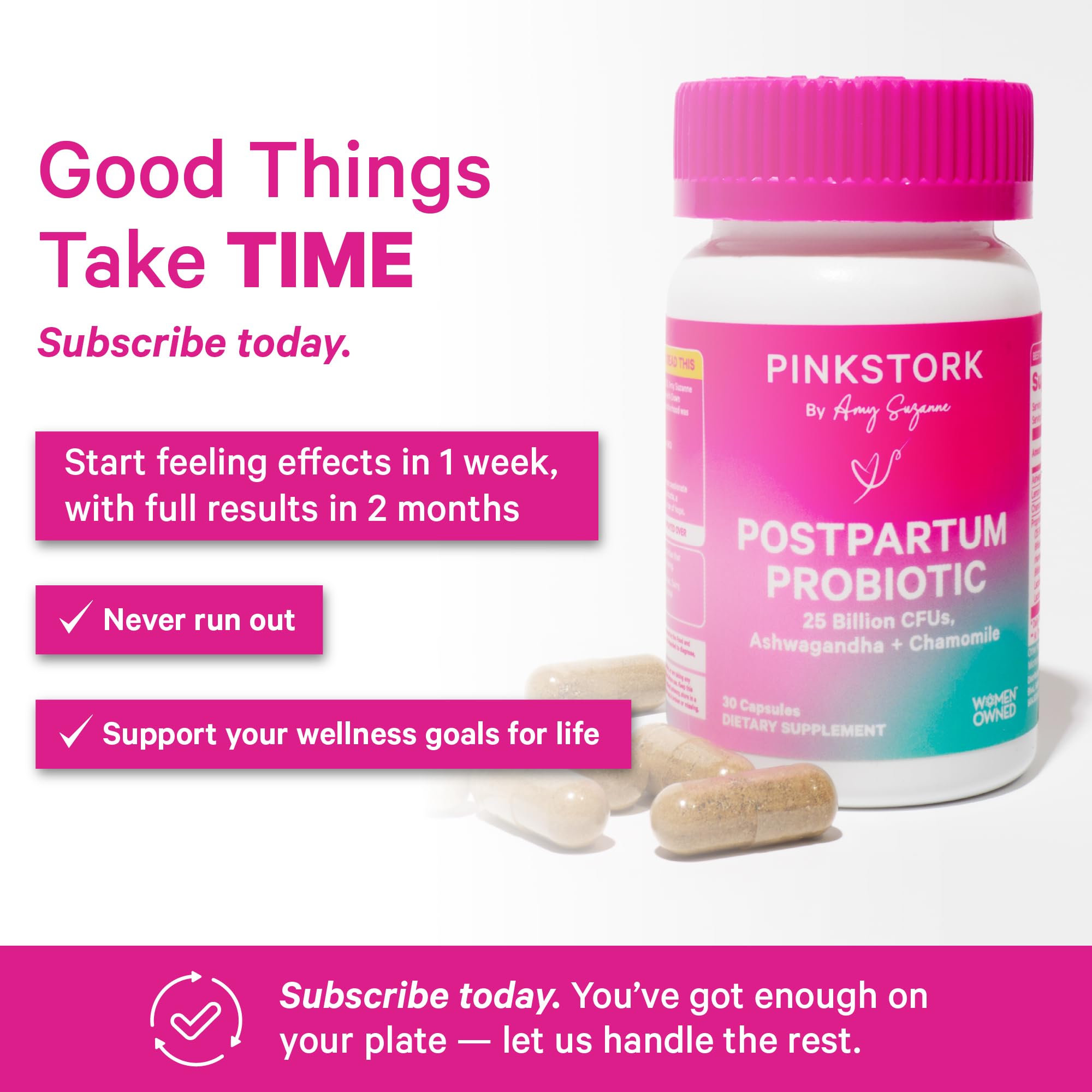 Pink Stork Postpartum Probiotics bottle with herbal extracts