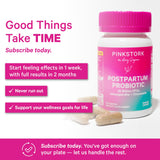 Pink Stork Postpartum Probiotics bottle with herbal extracts