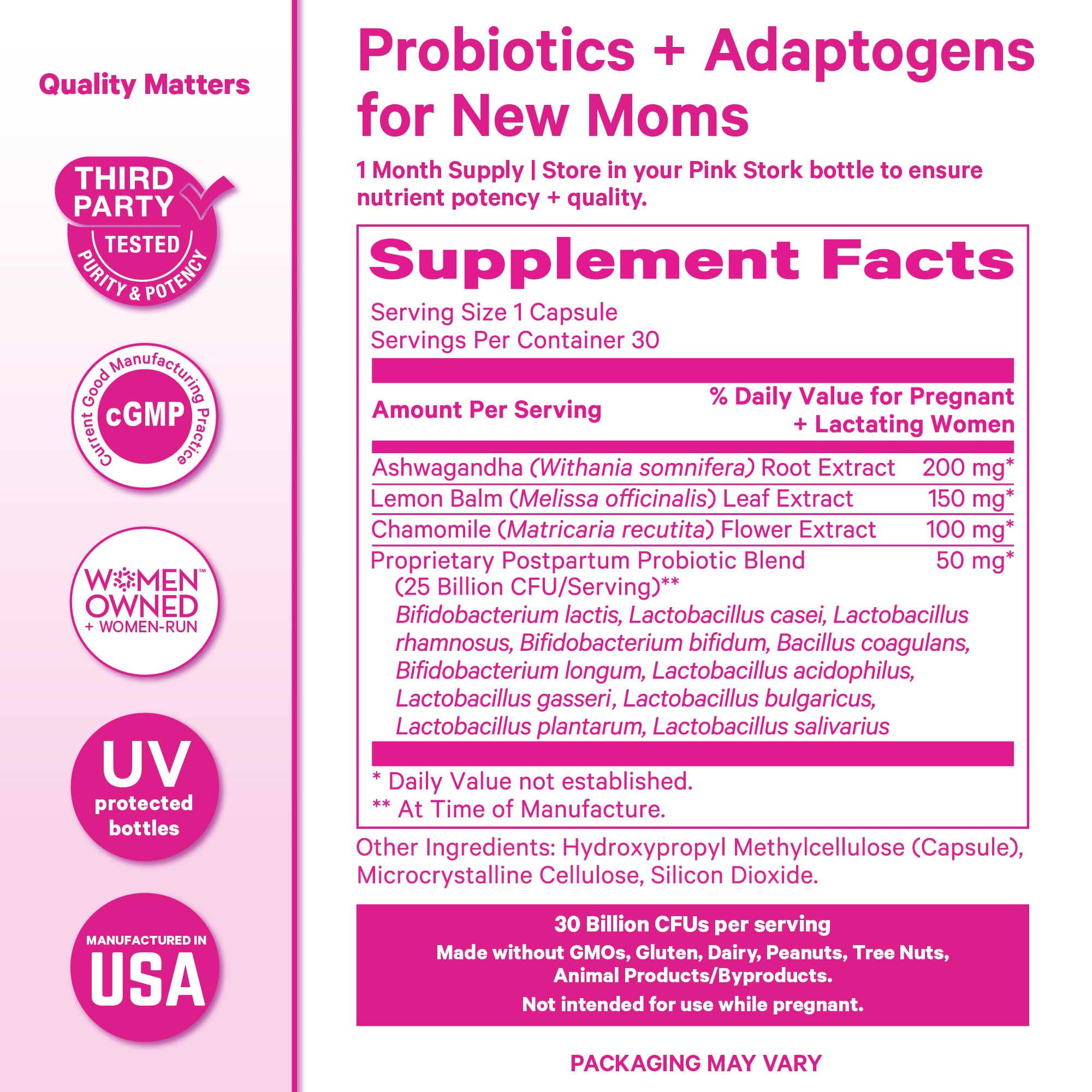 Pink Stork Postpartum Probiotics on a kitchen counter