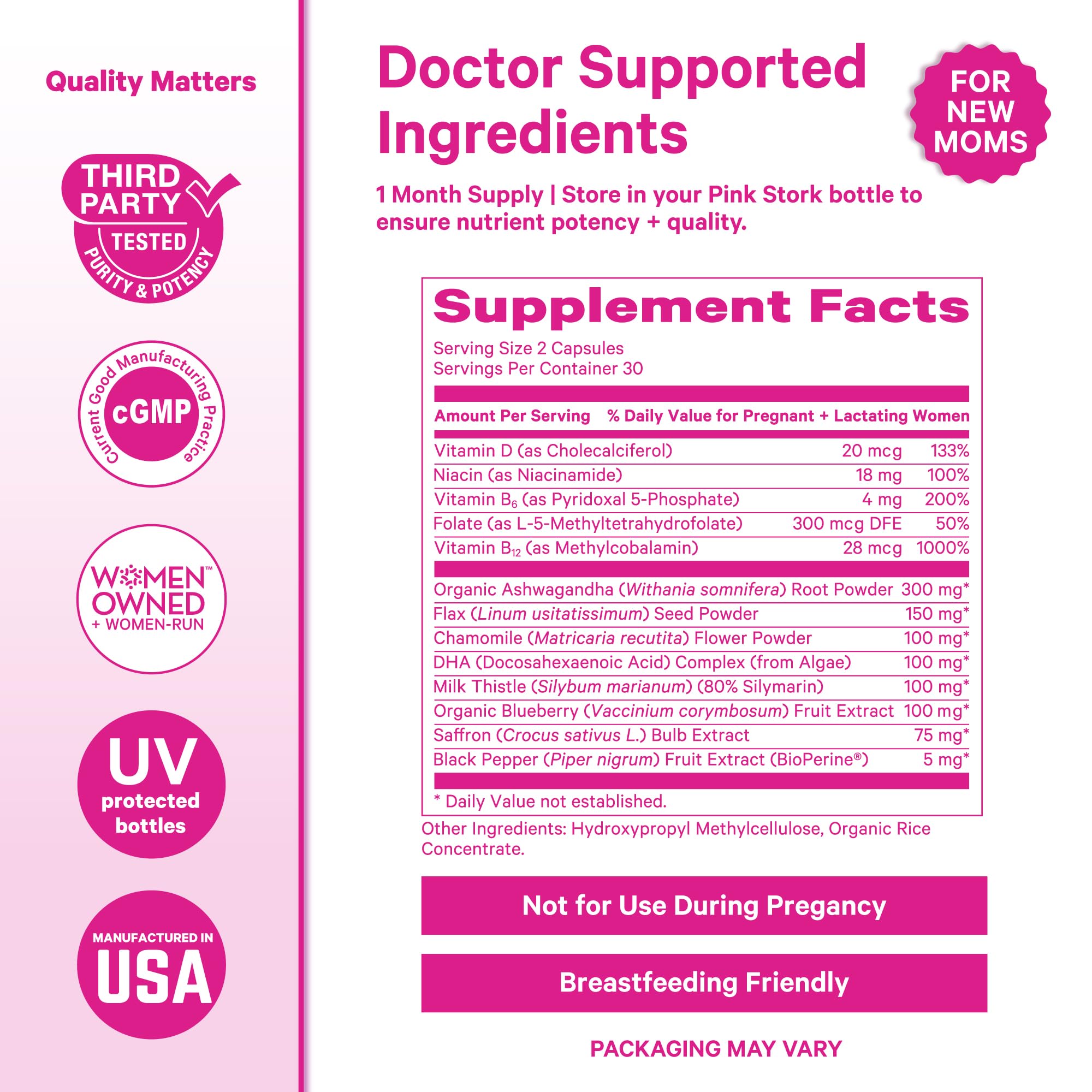 Pink Stork Postpartum Vitamins nutritional information