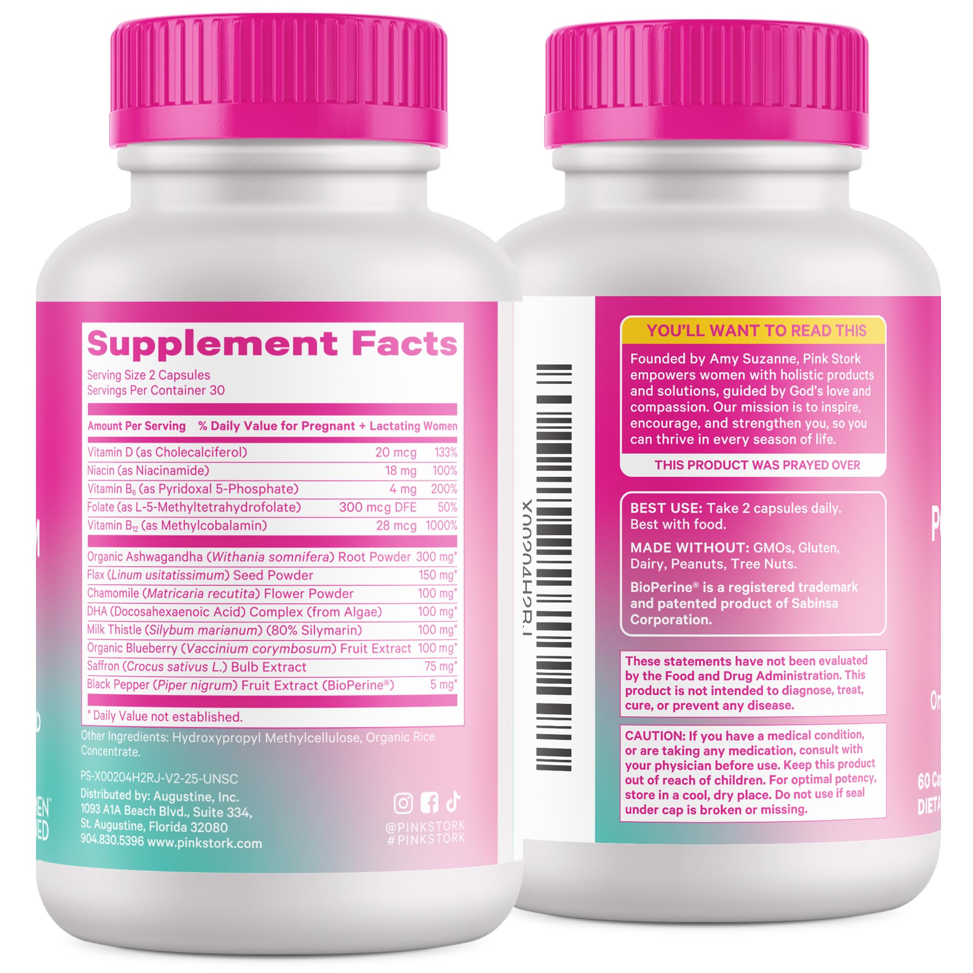 Pink Stork Postpartum Vitamins on a kitchen counter