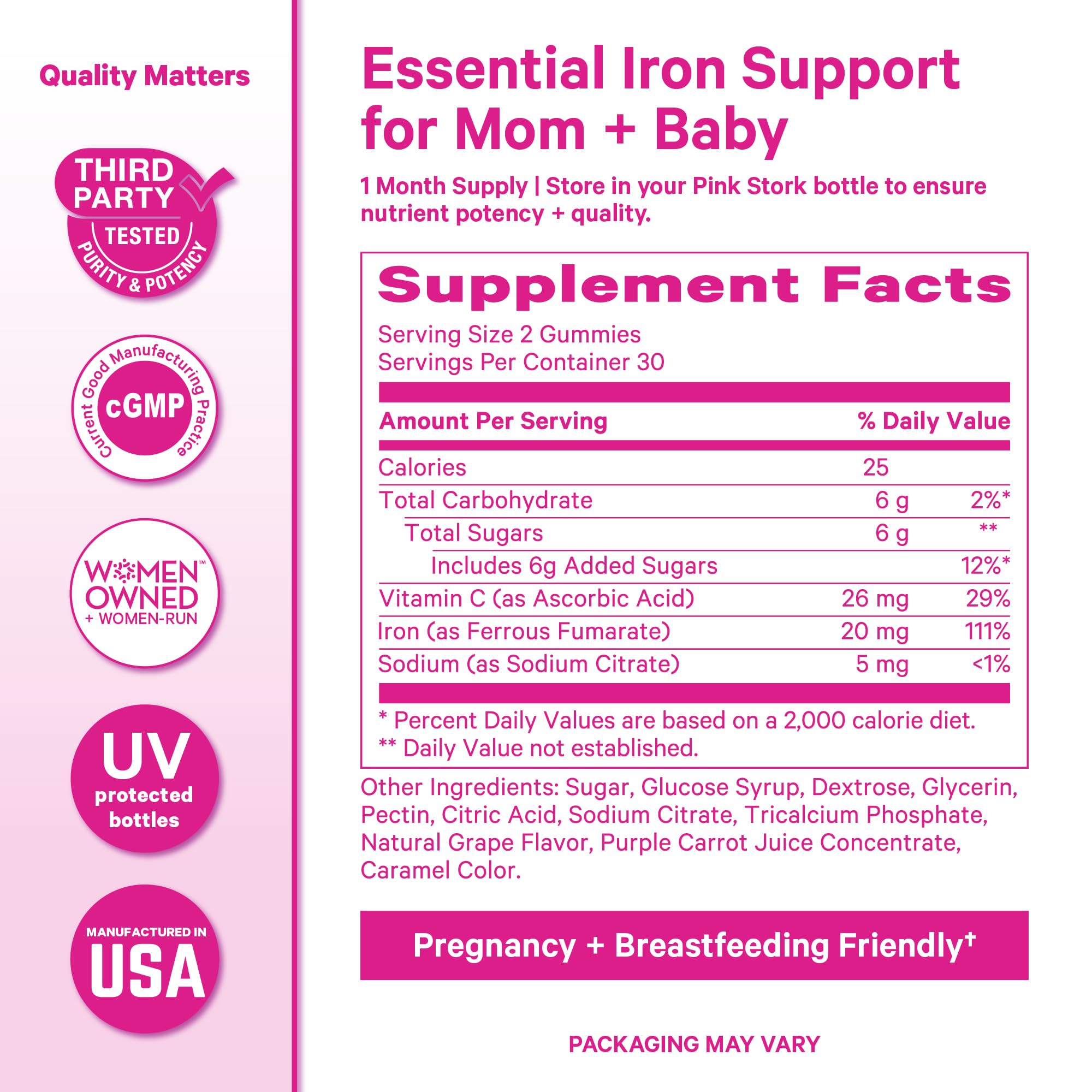 Pink Stork Pregnancy Iron Gummies displayed with other prenatal vitamins
