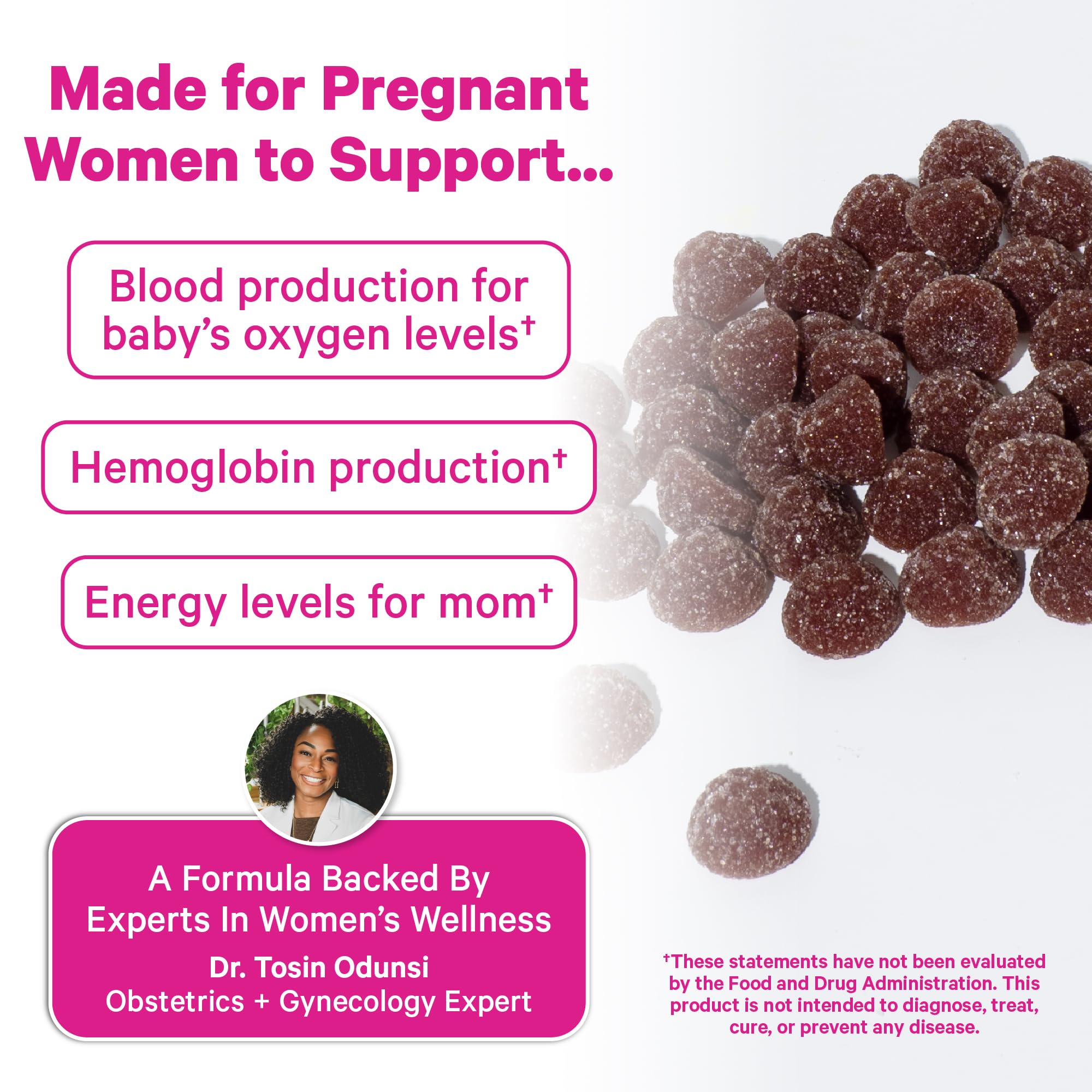 Pink Stork Pregnancy Iron Gummies side view with nutritional information