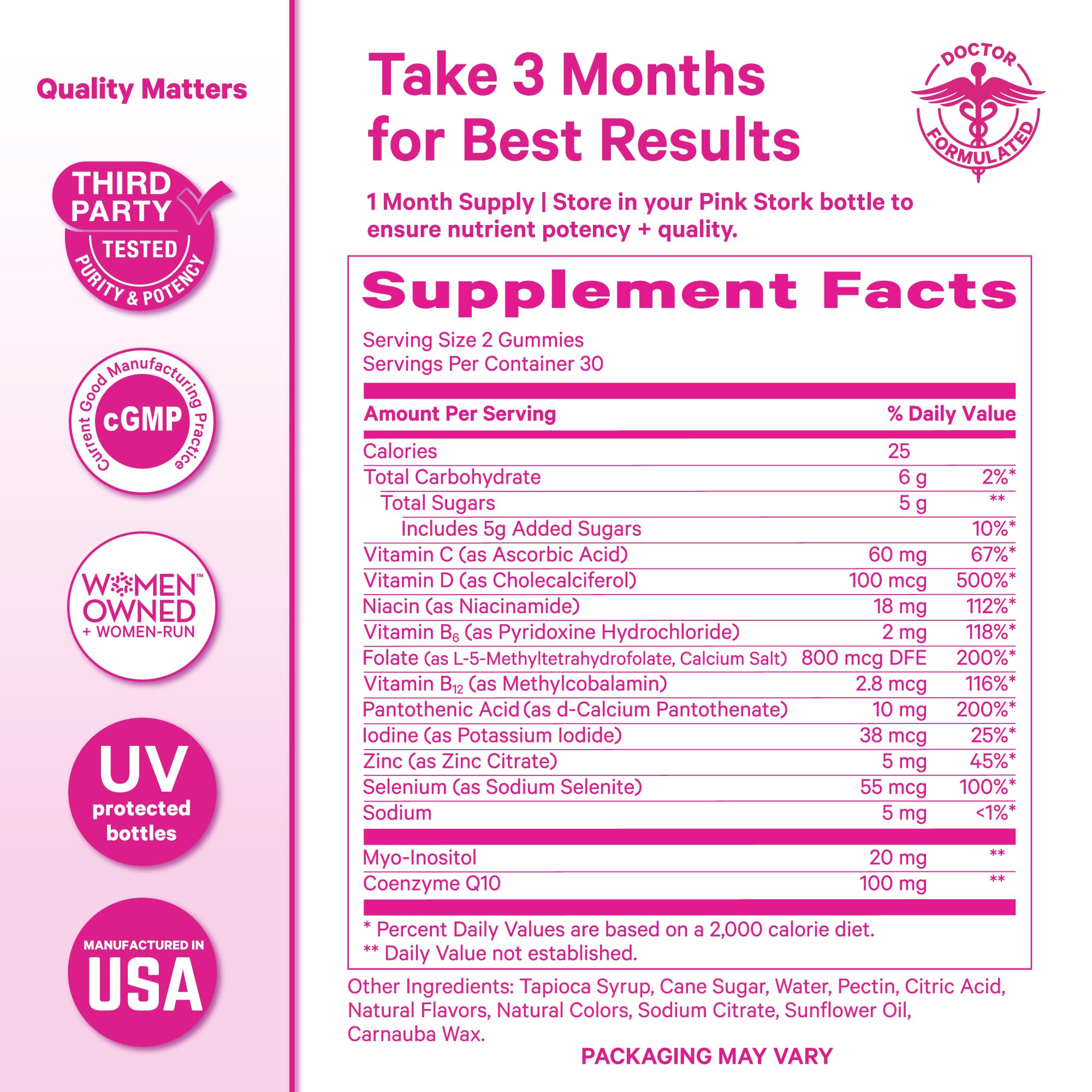 Pink Stork Premium Fertility Gummies with a glass of water