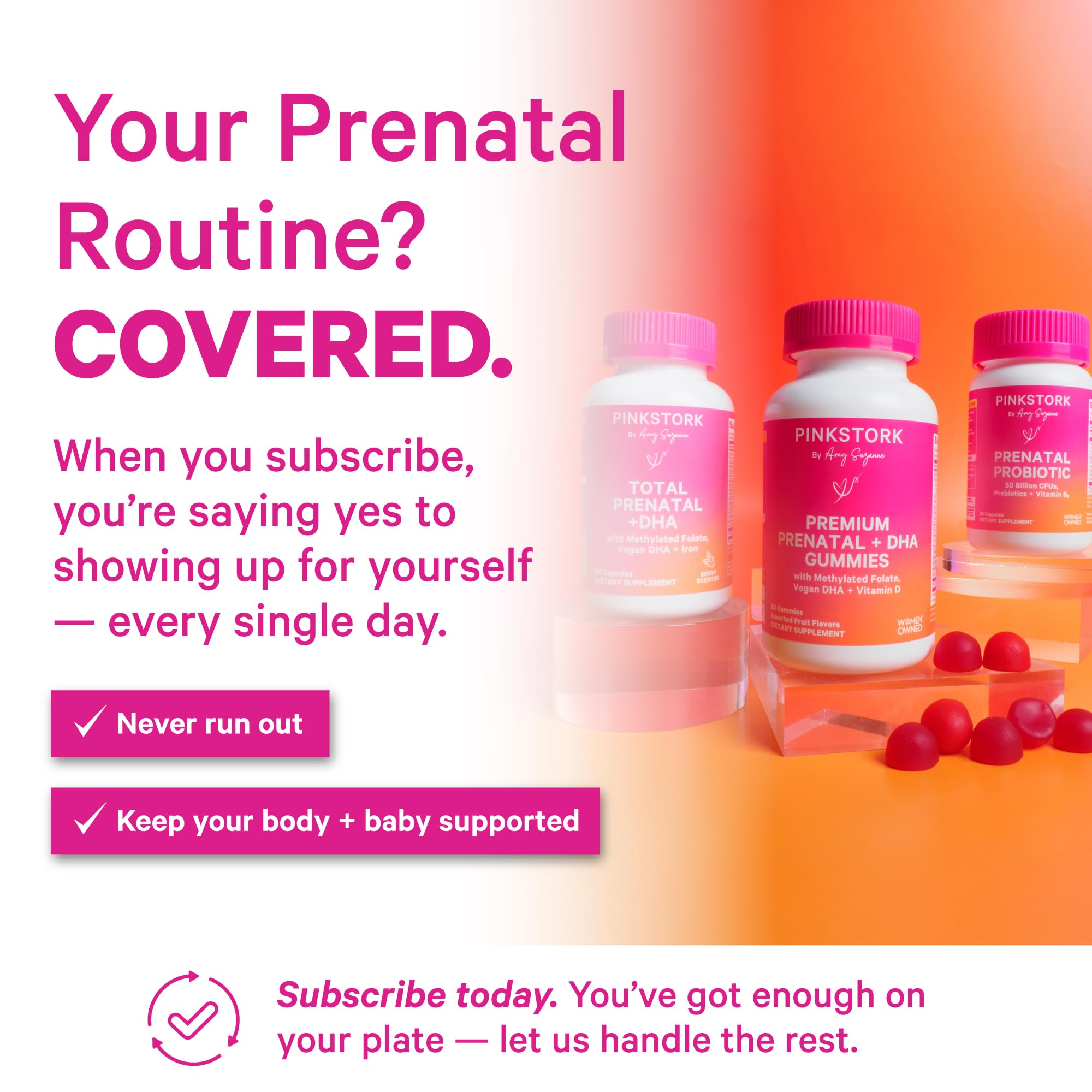 Pink Stork Premium Prenatal Gummies bottle side view