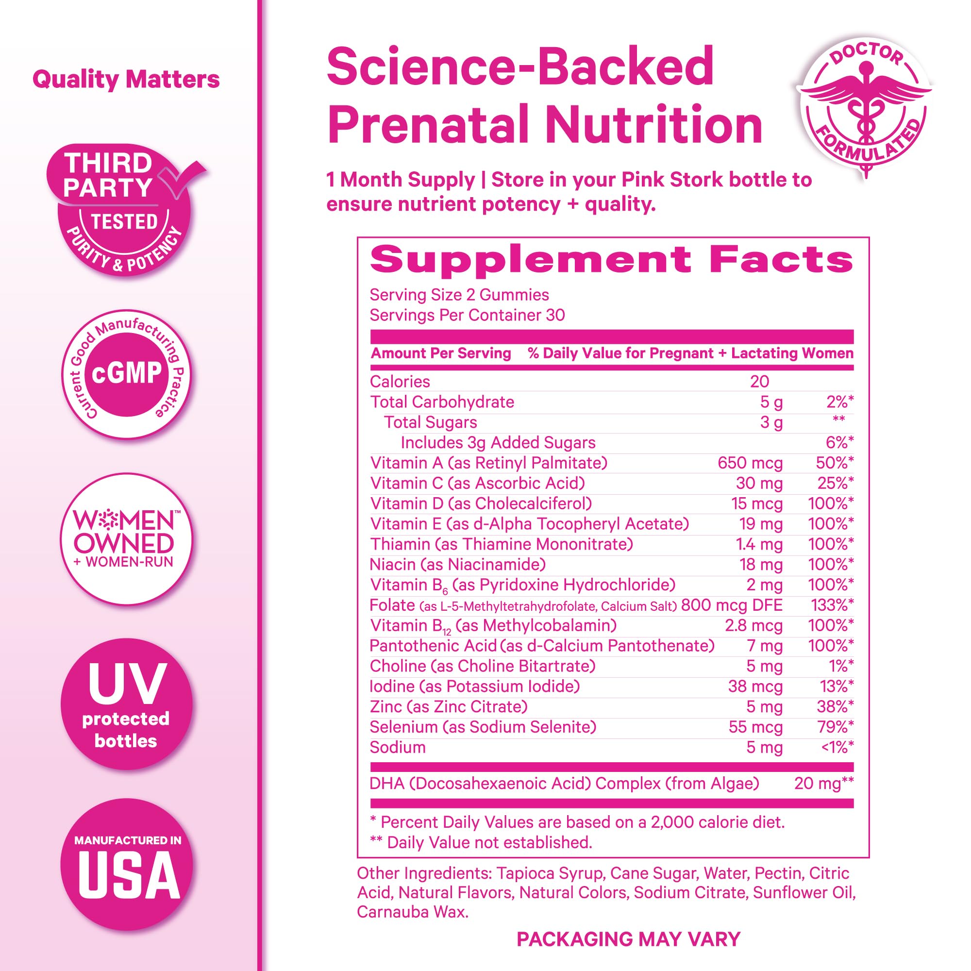 Pink Stork Premium Prenatal Gummies on a kitchen counter