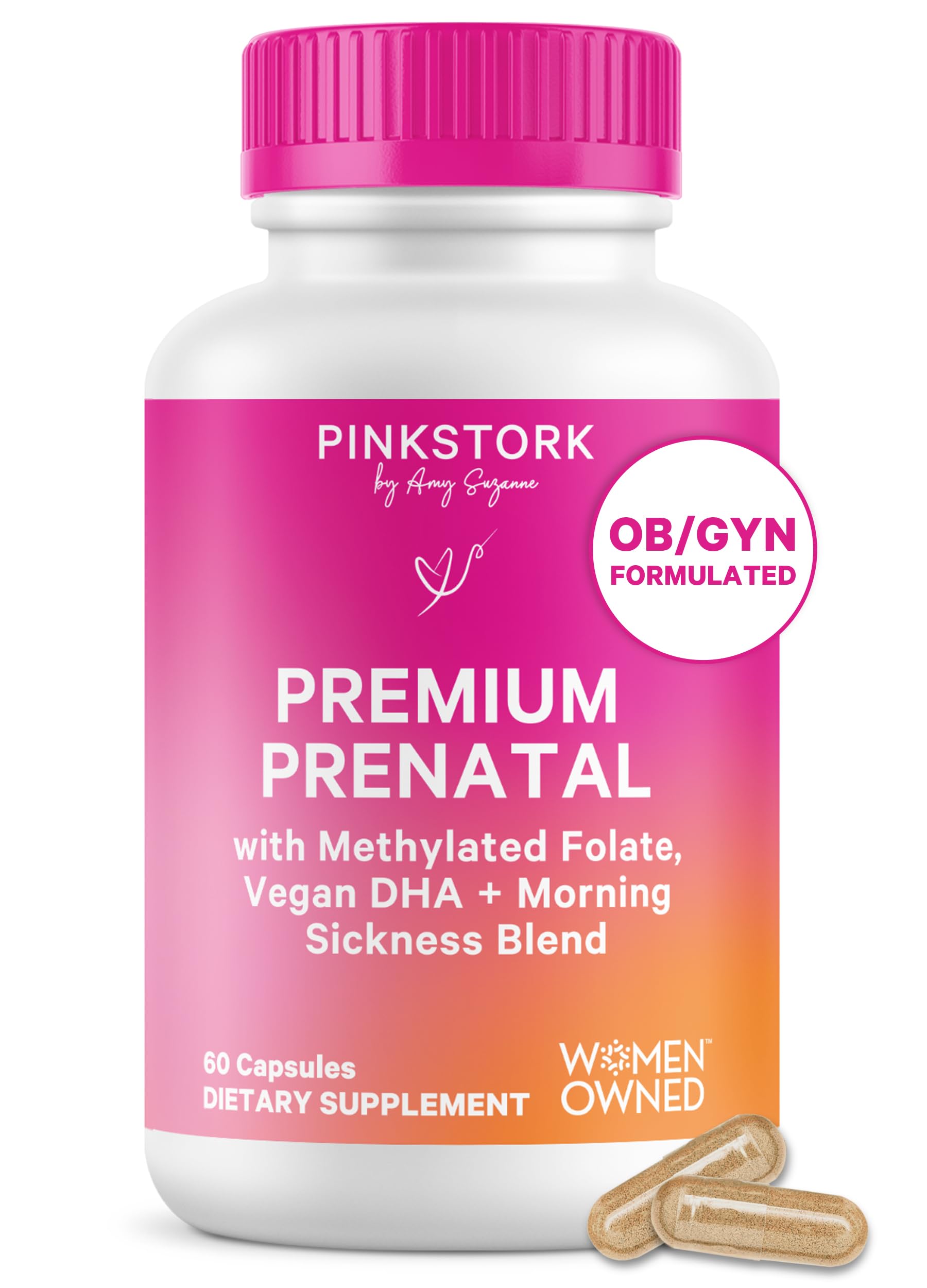 Pink Stork Premium Prenatal Vitamins 30-day supply bottle front view