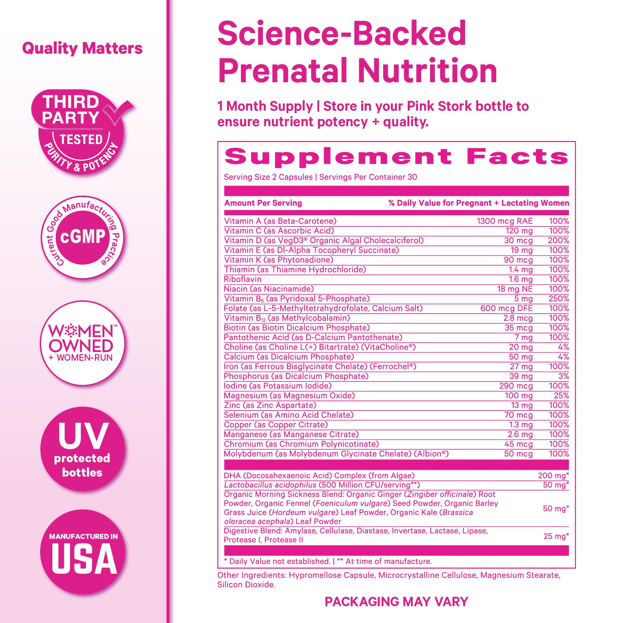 Pink Stork Premium Prenatal Vitamins with organic ingredients