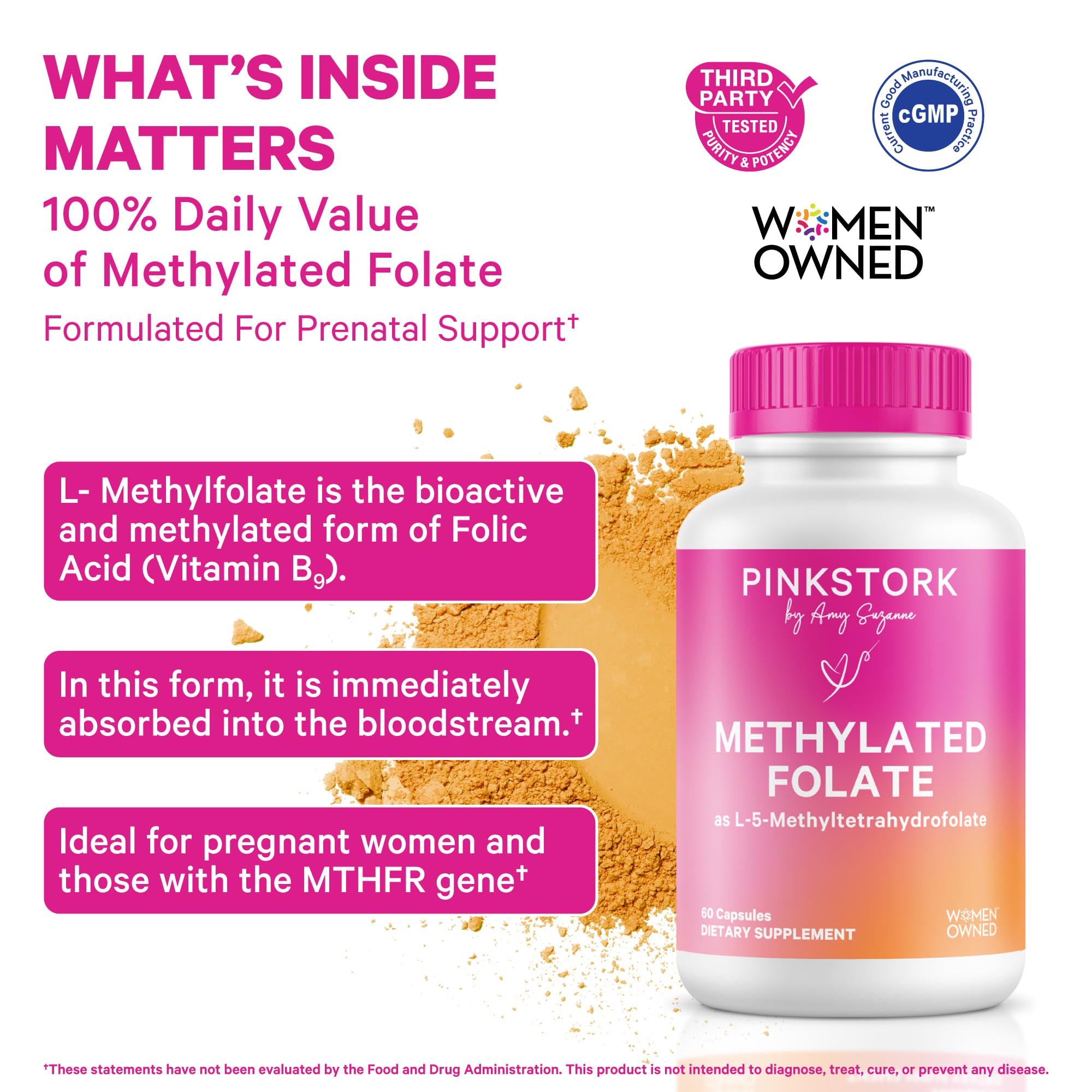 Pink Stork Prenatal Folate Supplement bottle side view