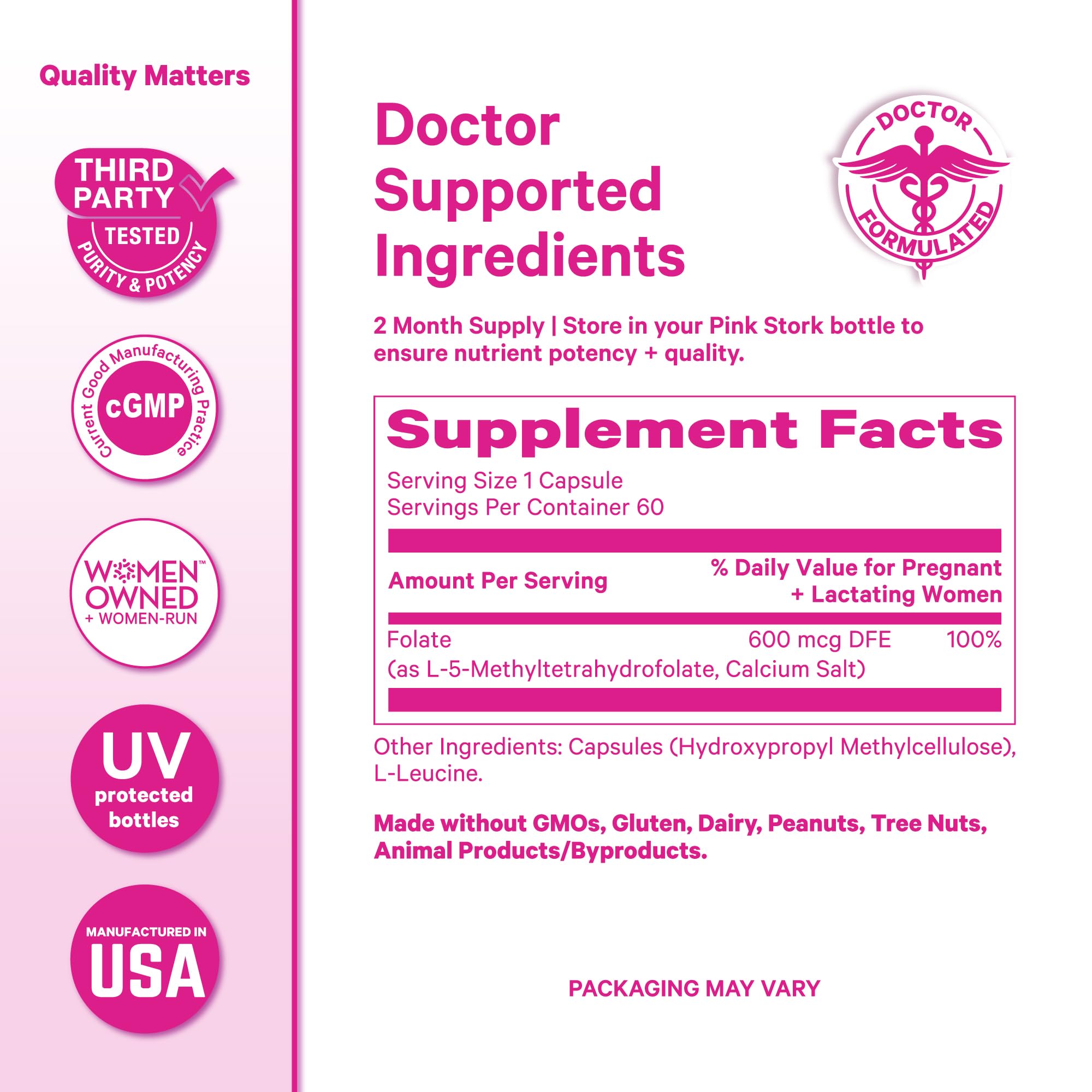 Pink Stork Prenatal Folate Supplement bottle with a measuring spoon