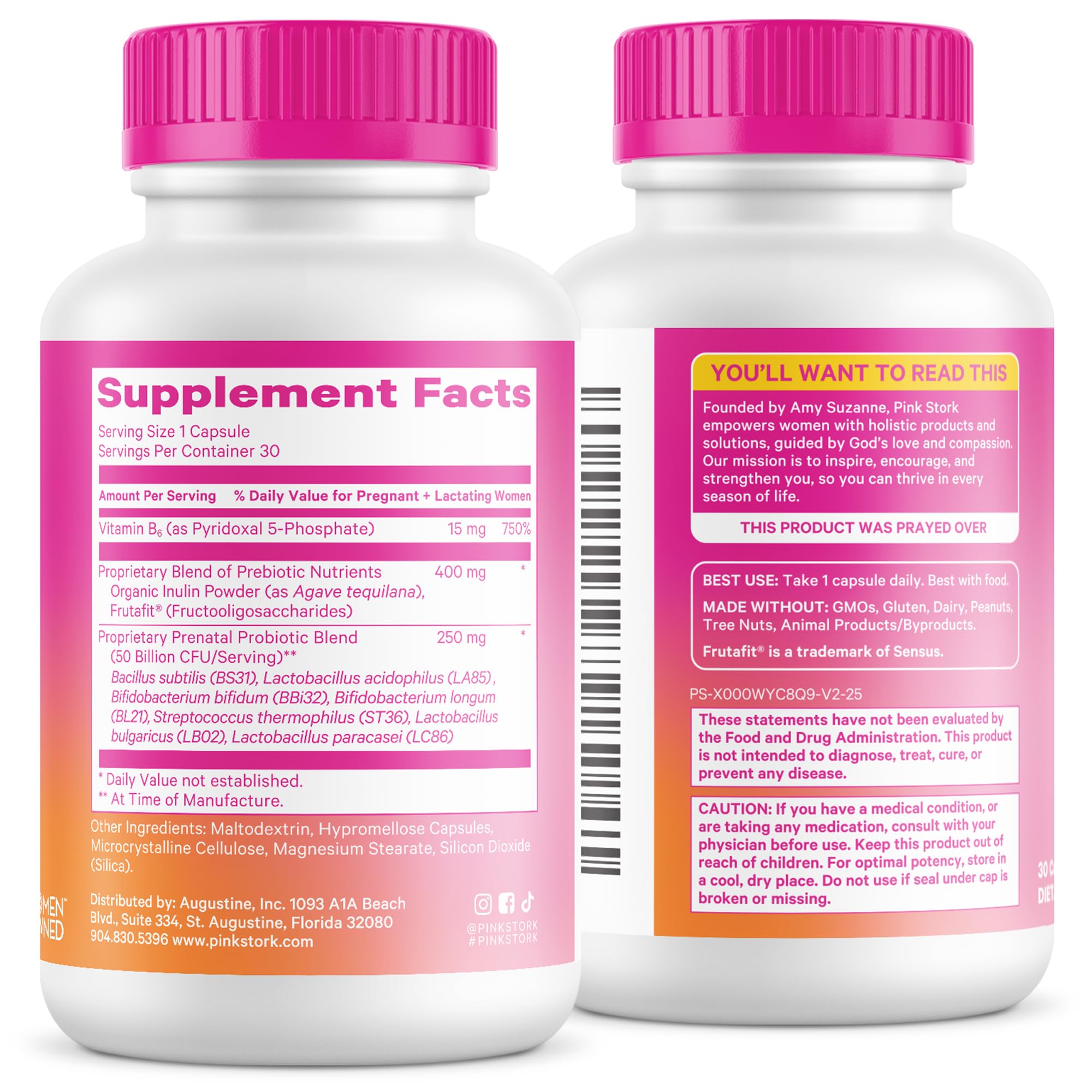 Pink Stork Prenatal Probiotic alongside healthy snacks