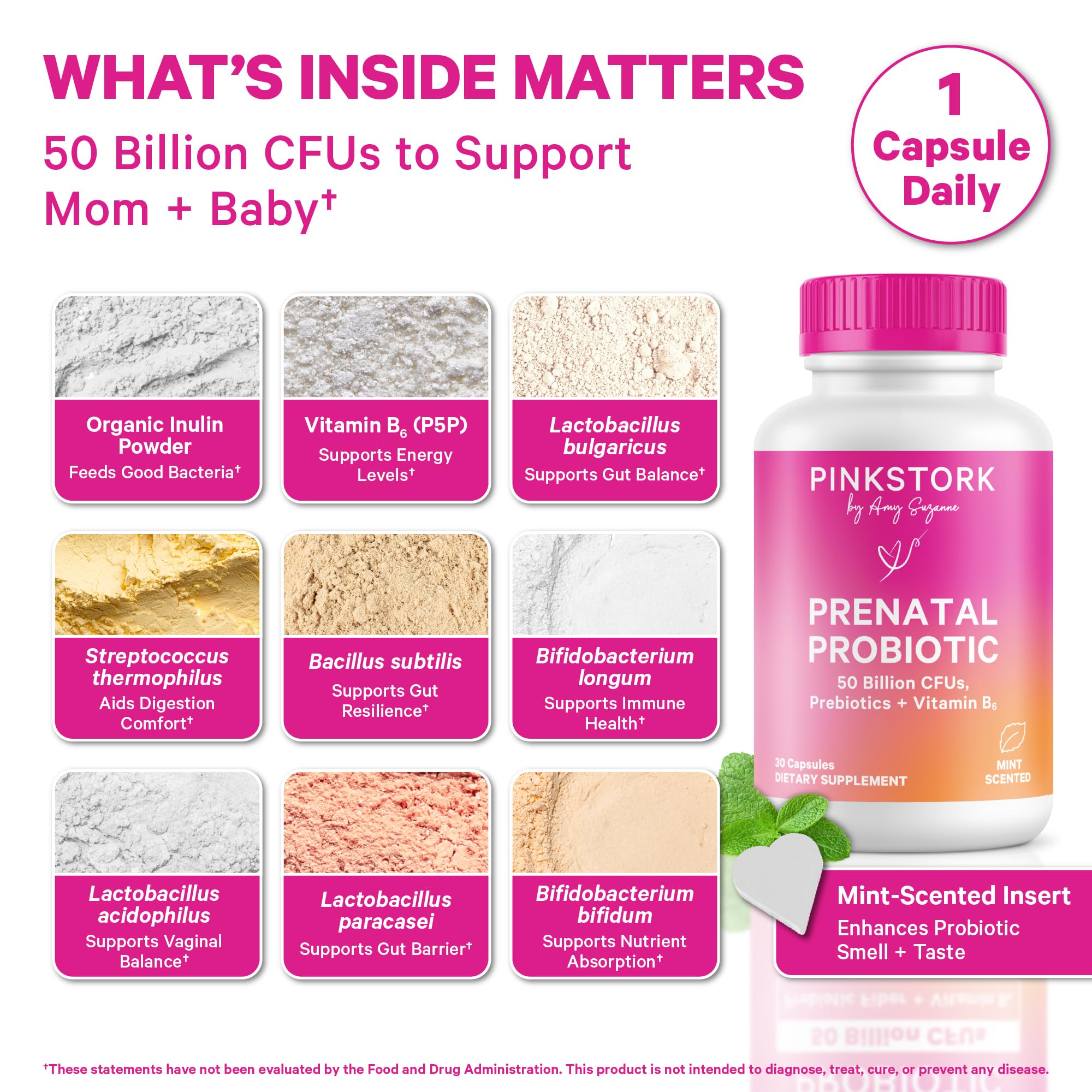 Pink Stork Prenatal Probiotic bottle with 30 capsules