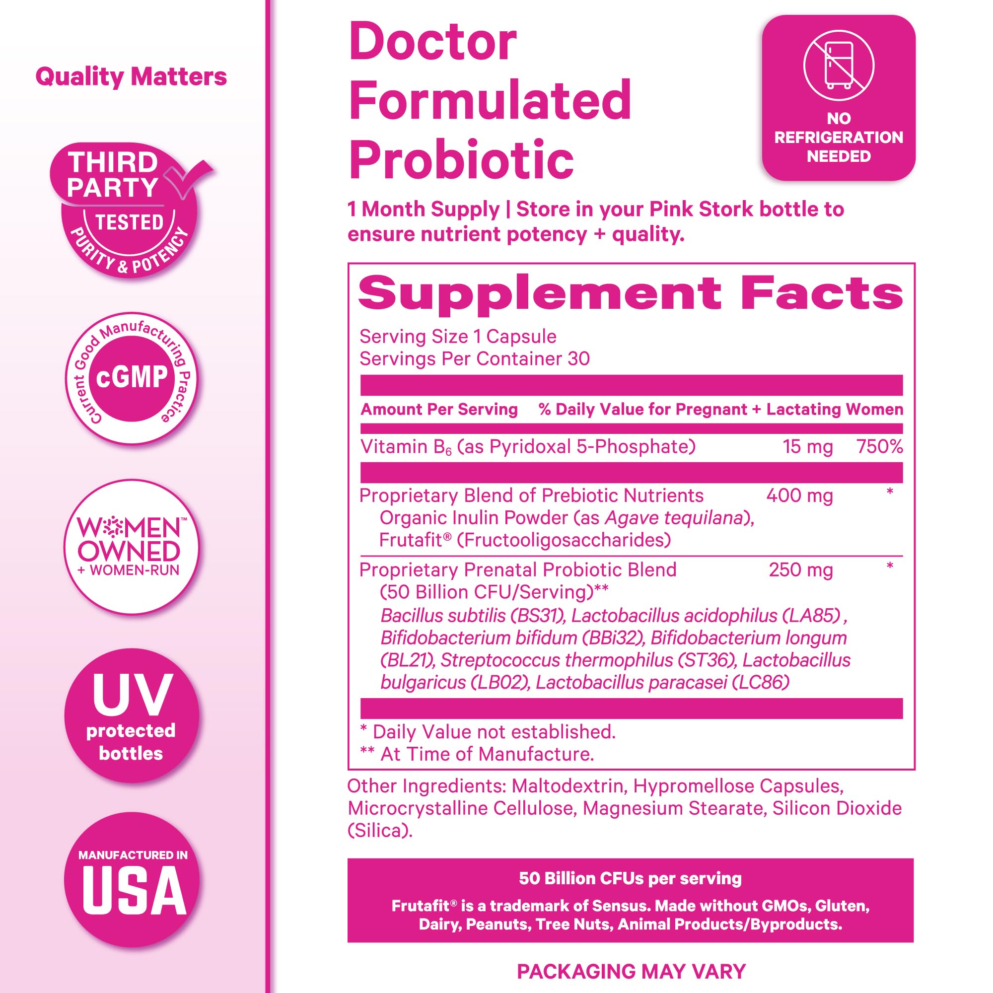 Pink Stork Prenatal Probiotic Capsules on a wooden table