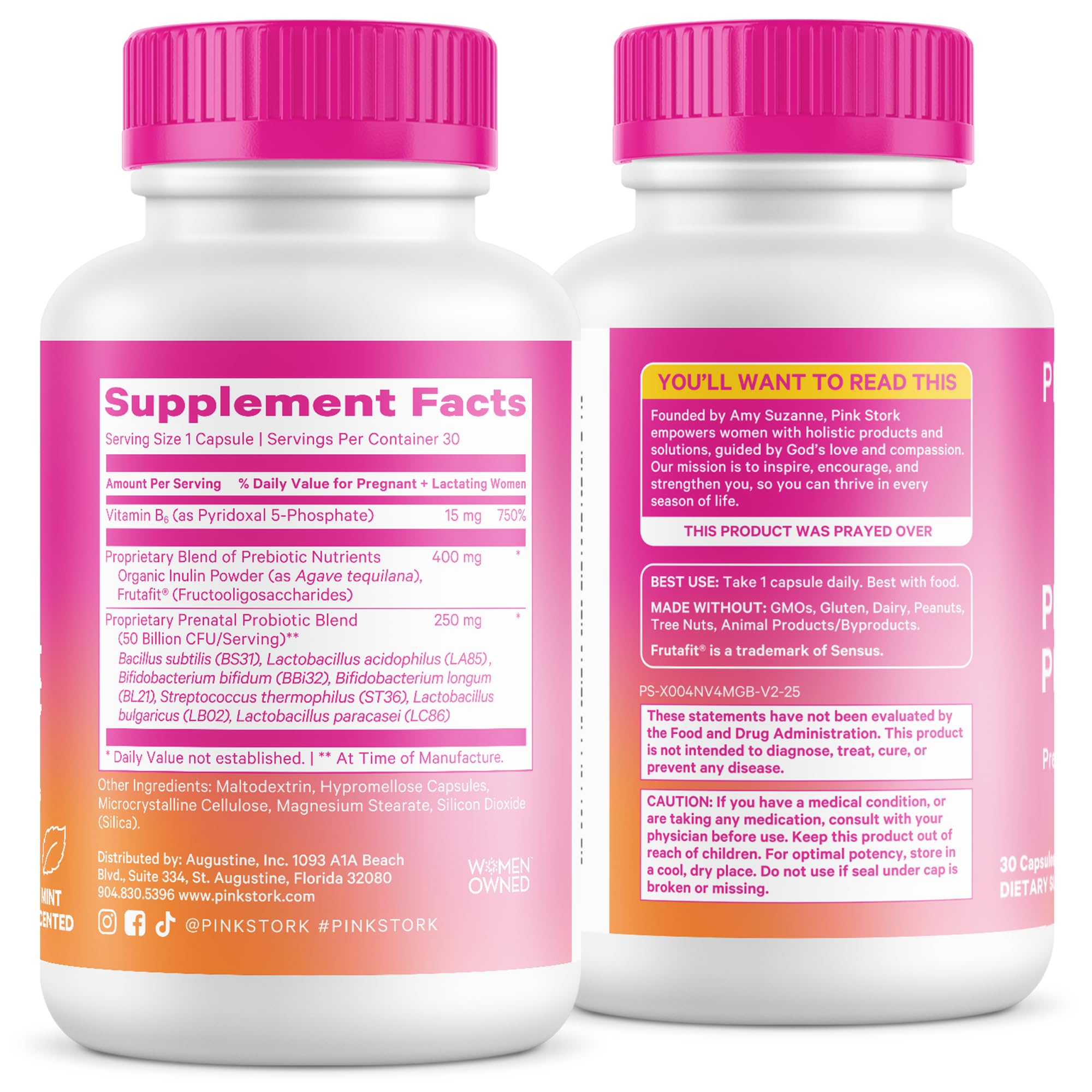 Pink Stork Prenatal Probiotic on a kitchen counter