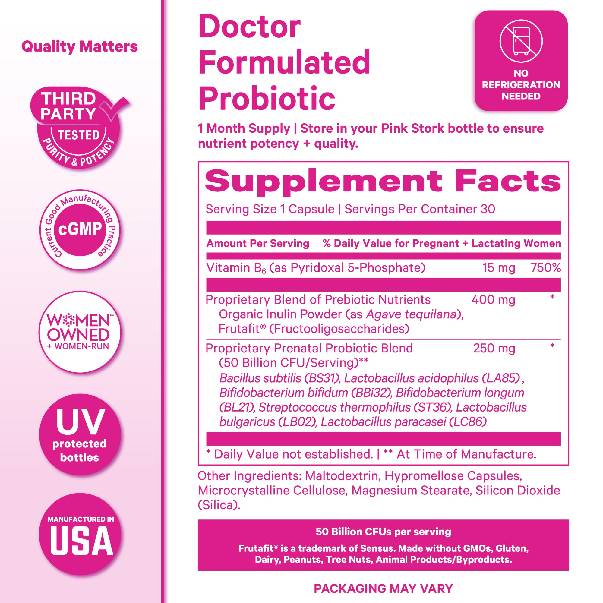 Pink Stork Prenatal Probiotic with a glass of water
