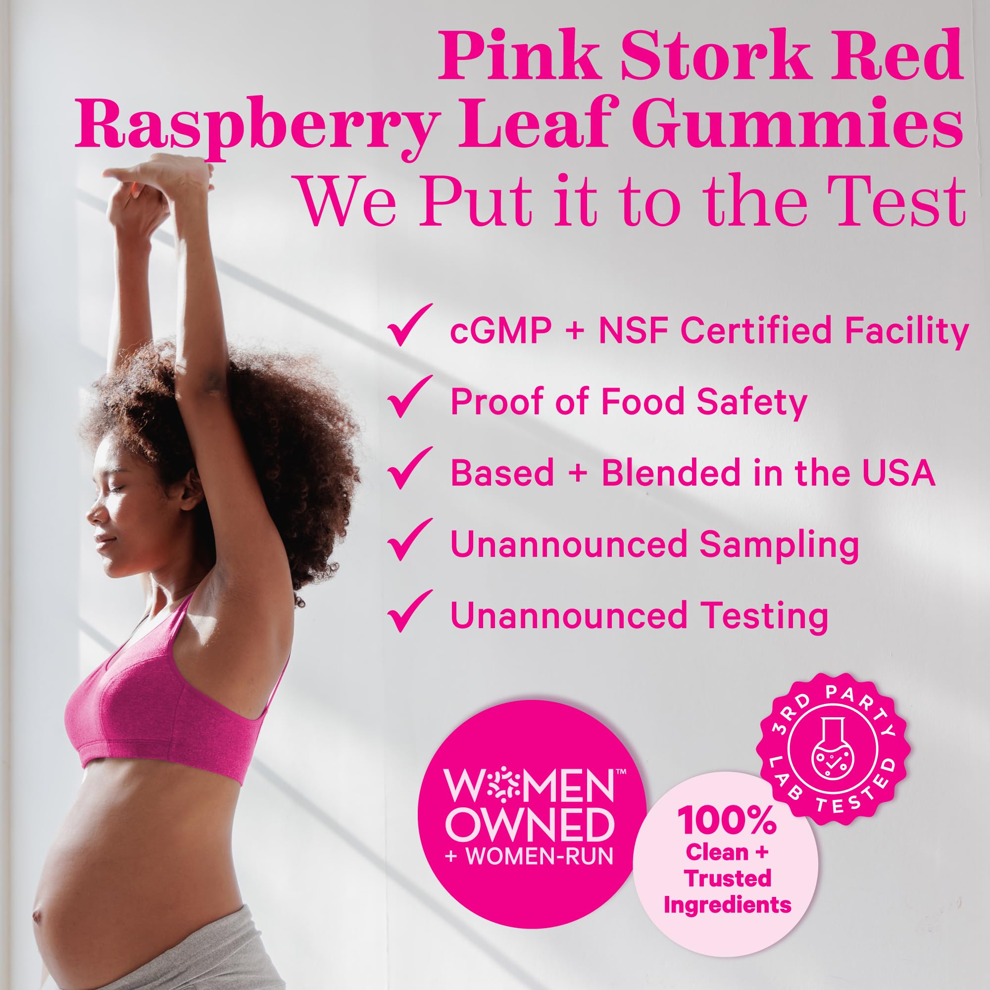 Pink Stork Red Raspberry Leaf Gummies in a UV-protected bottle