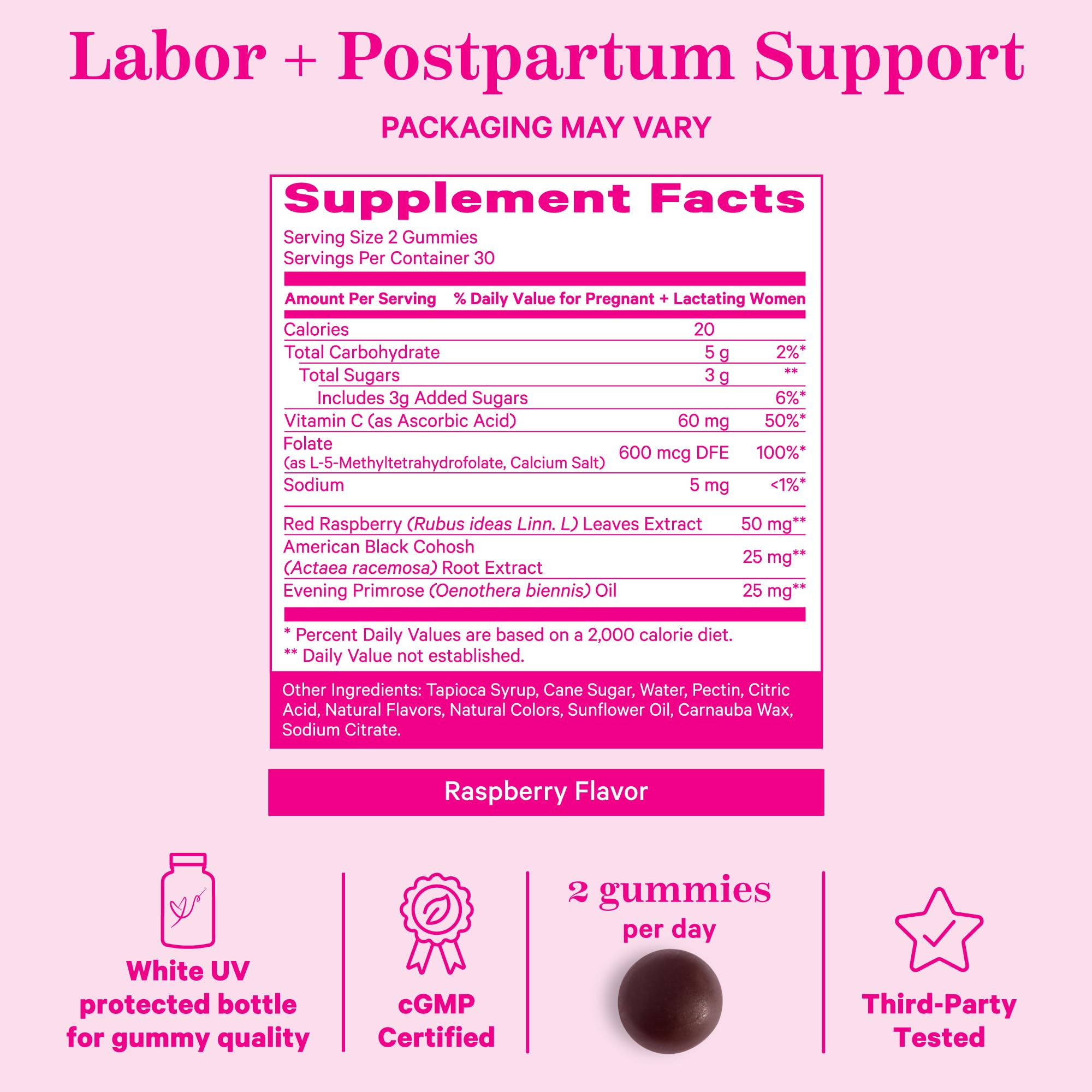 Pink Stork Red Raspberry Leaf Gummies with ingredients list