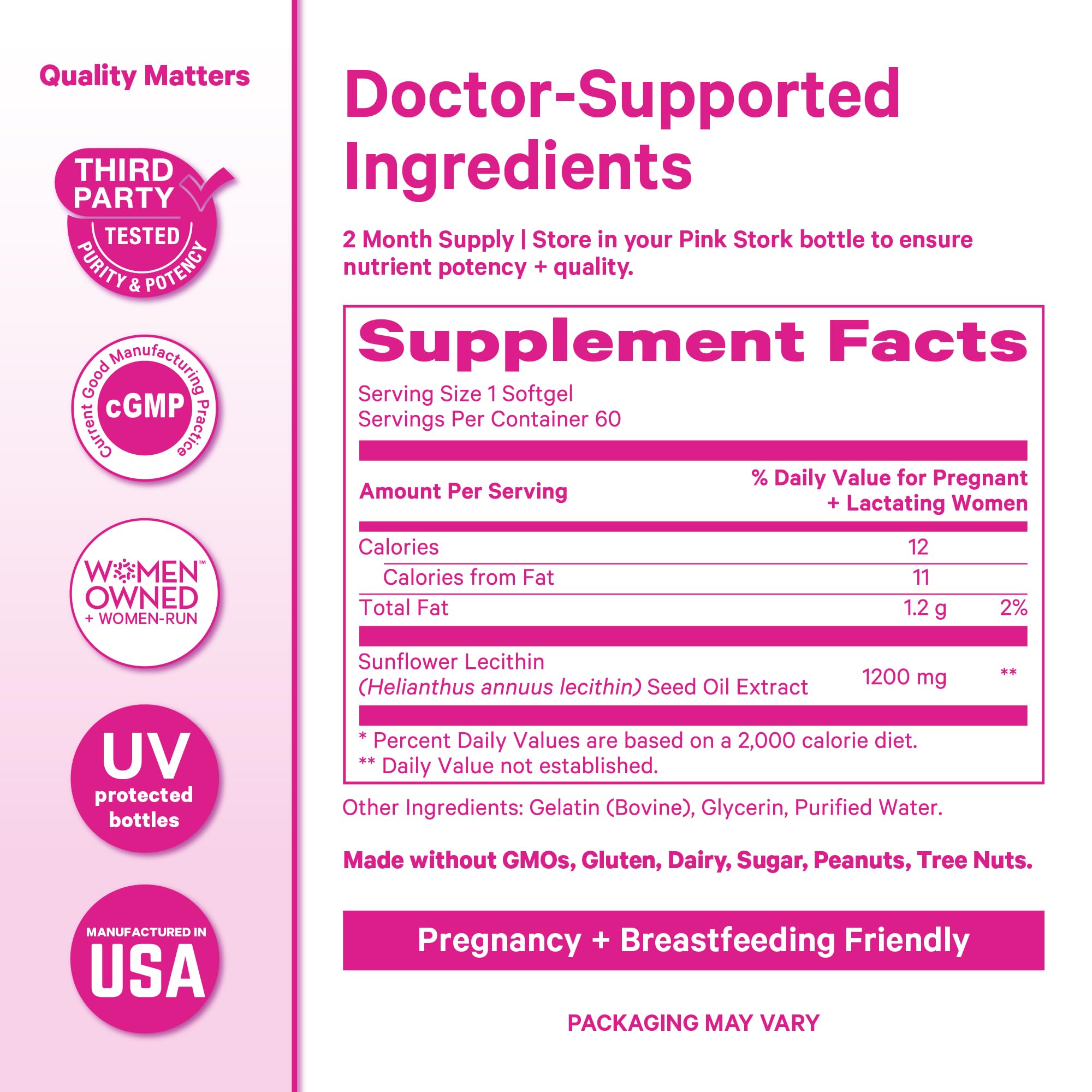 Pink Stork Sunflower Lecithin softgels with measuring spoon