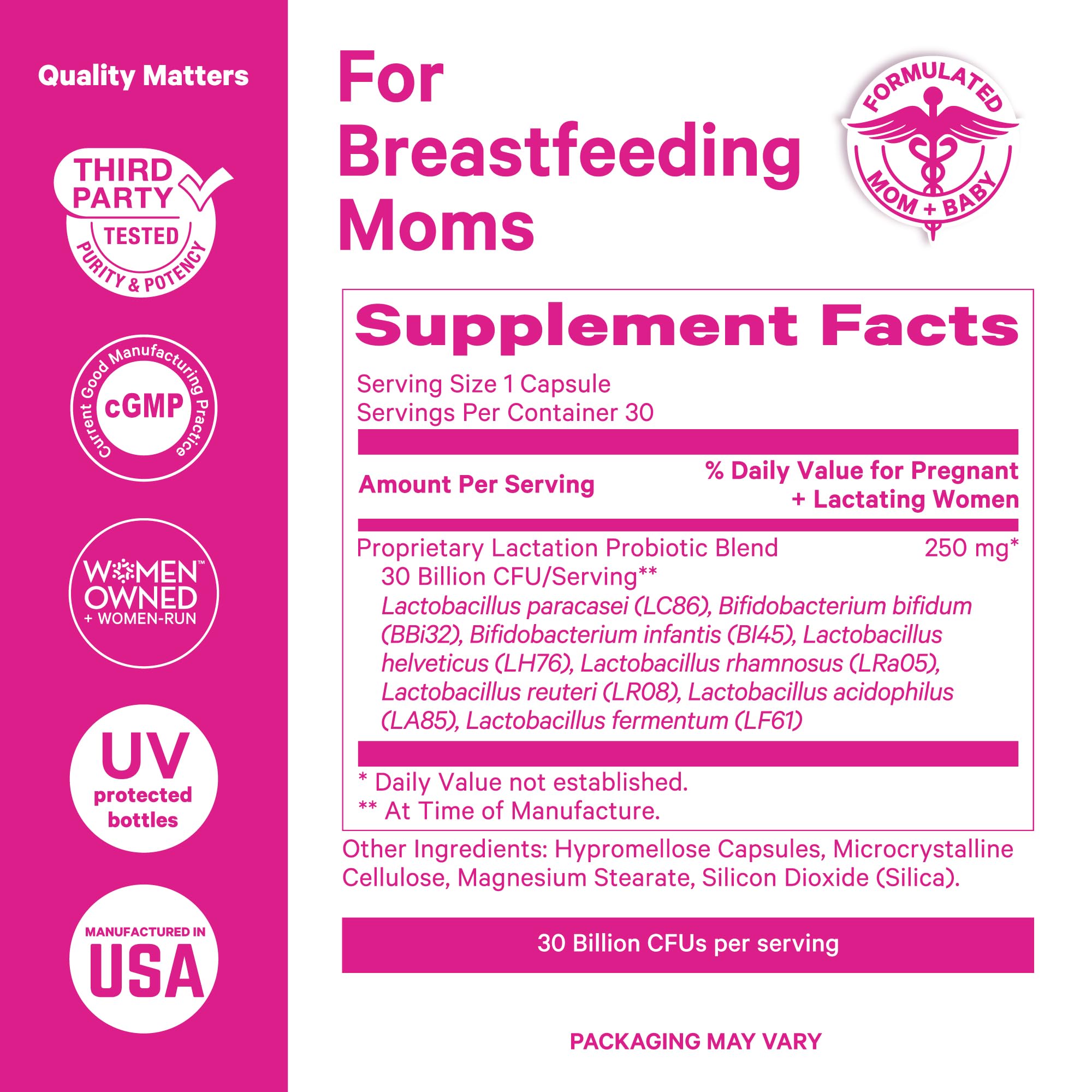 Pink Stork Total Lactation Probiotic Supplement ingredients list