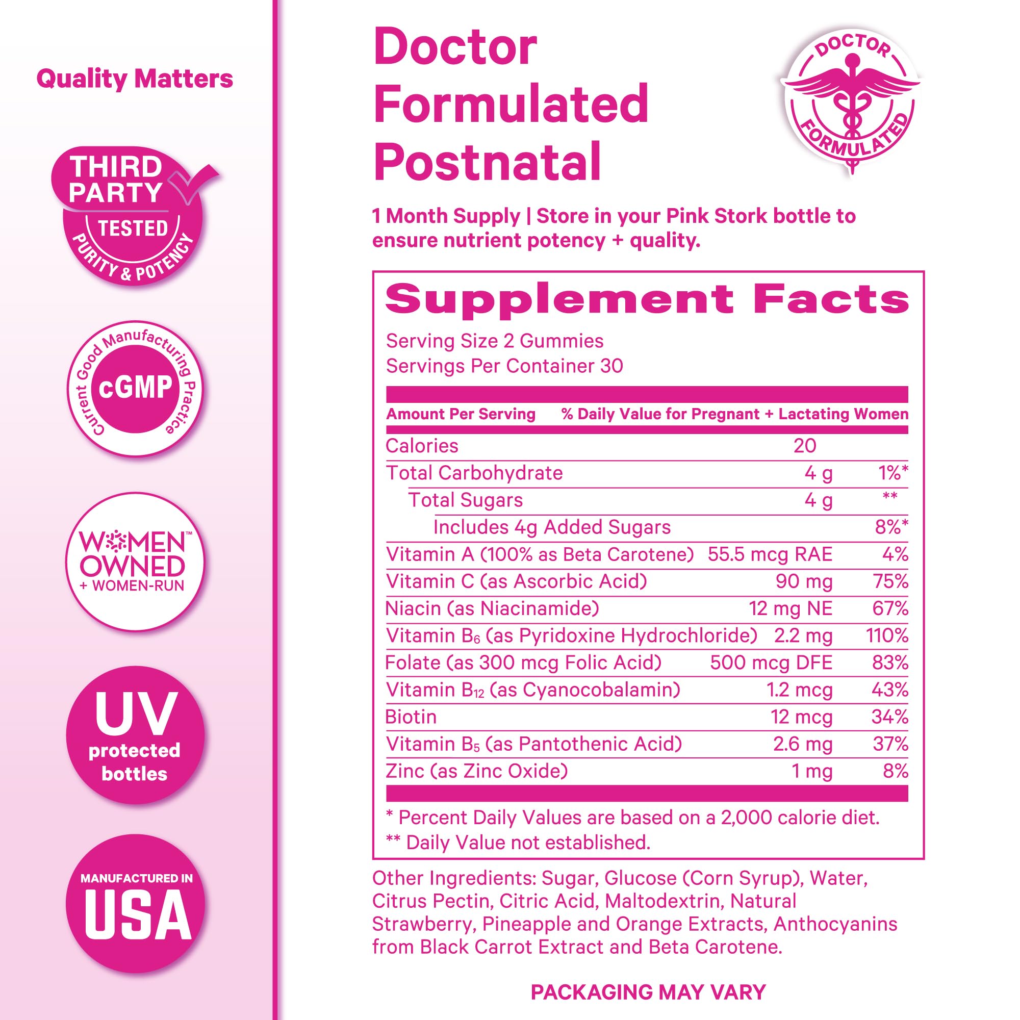 Pink Stork Total Postnatal Gummies ingredients list