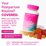 Pink Stork Total Postnatal Gummies on a wooden table